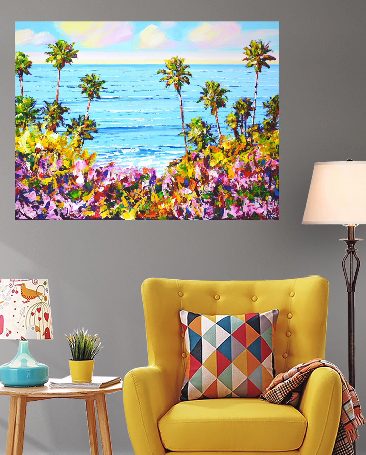 Verano. Pintura acrílica californiana de paisaje con palmeras en venta 2