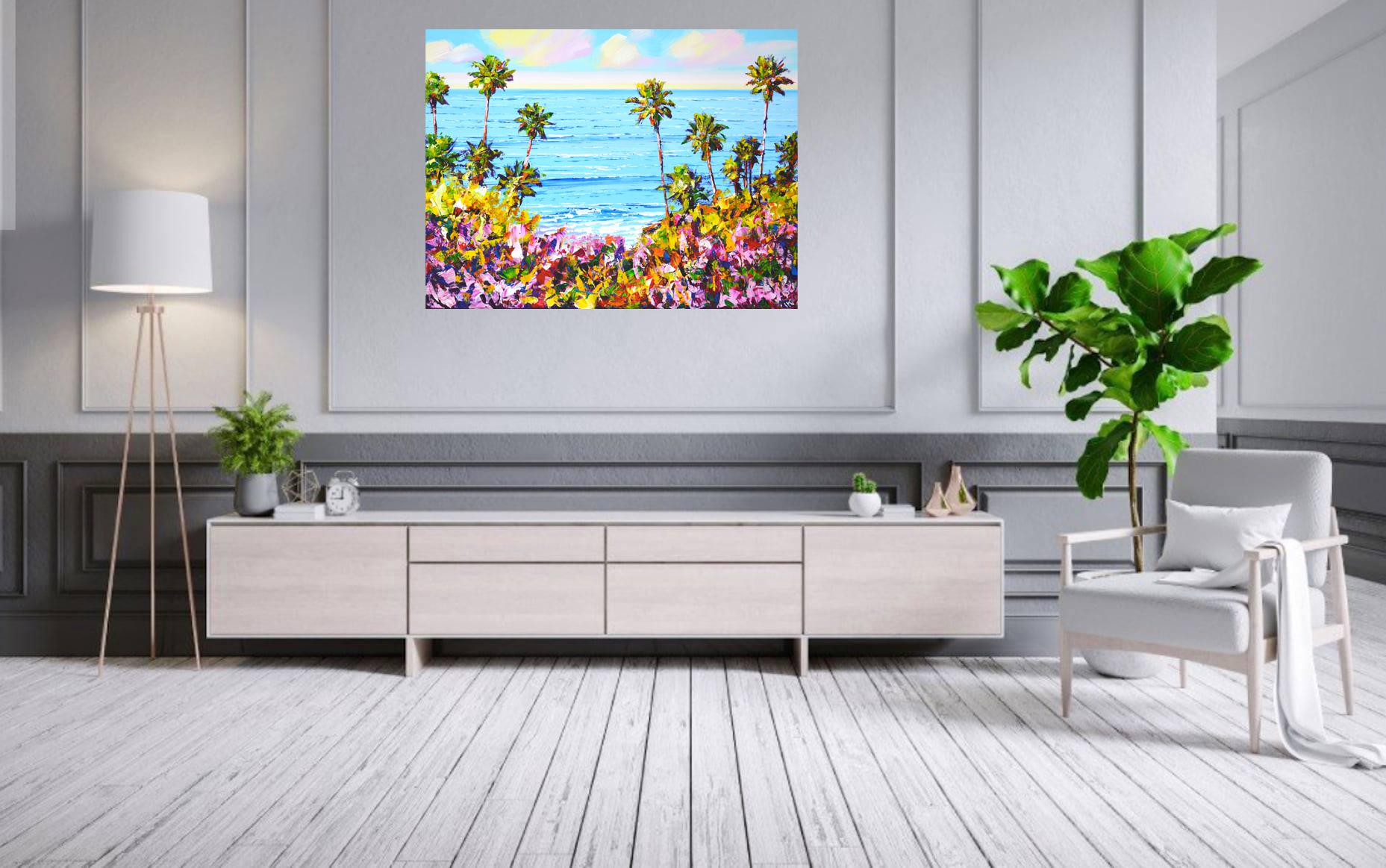Verano. Pintura acrílica californiana de paisaje con palmeras en venta 4