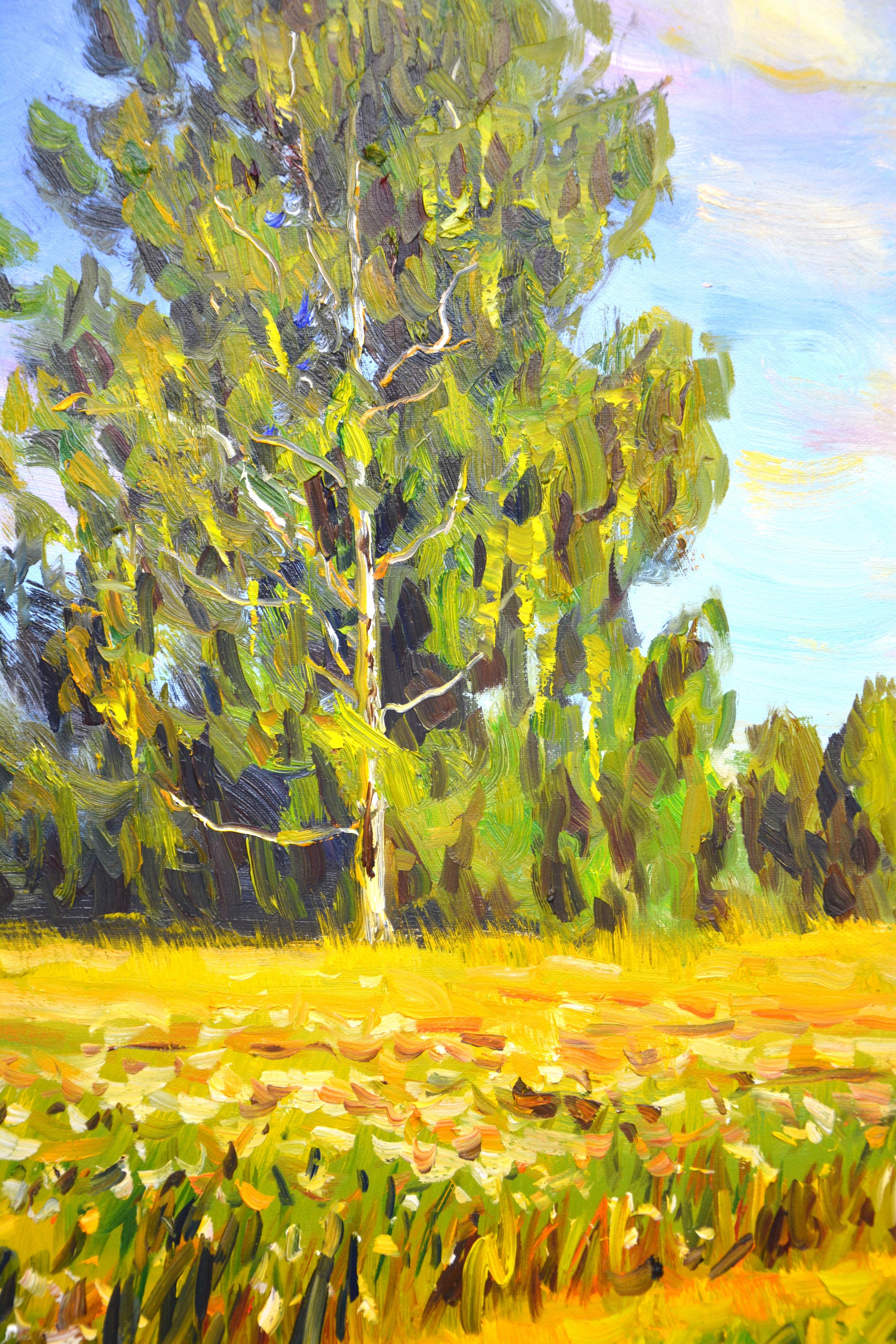 L'été. Domaine. Route. Paysage d'été : champ jaune, route, forêt, bouleaux, nuages créent une atmosphère de détente et de romantisme. L'impressionnisme. La Nature est la meilleure source d'inspiration. Utilisation de matériaux de qualité. Peinture à