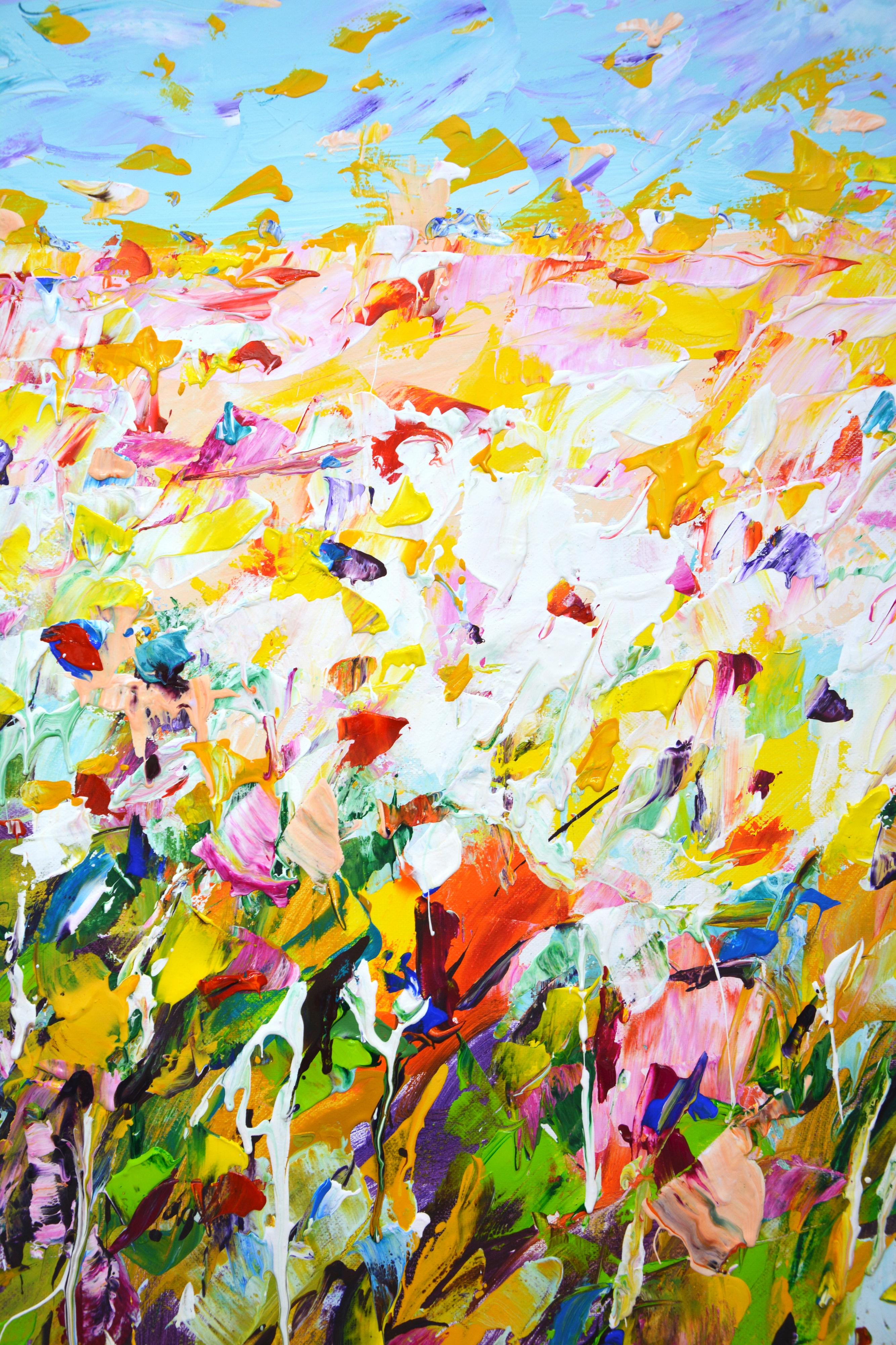 Sommer. Blumenfeld 15 Blooming Horizon - Handgemaltes abstraktes Blumen-Acryl (Beige), Landscape Painting, von Iryna Kastsova