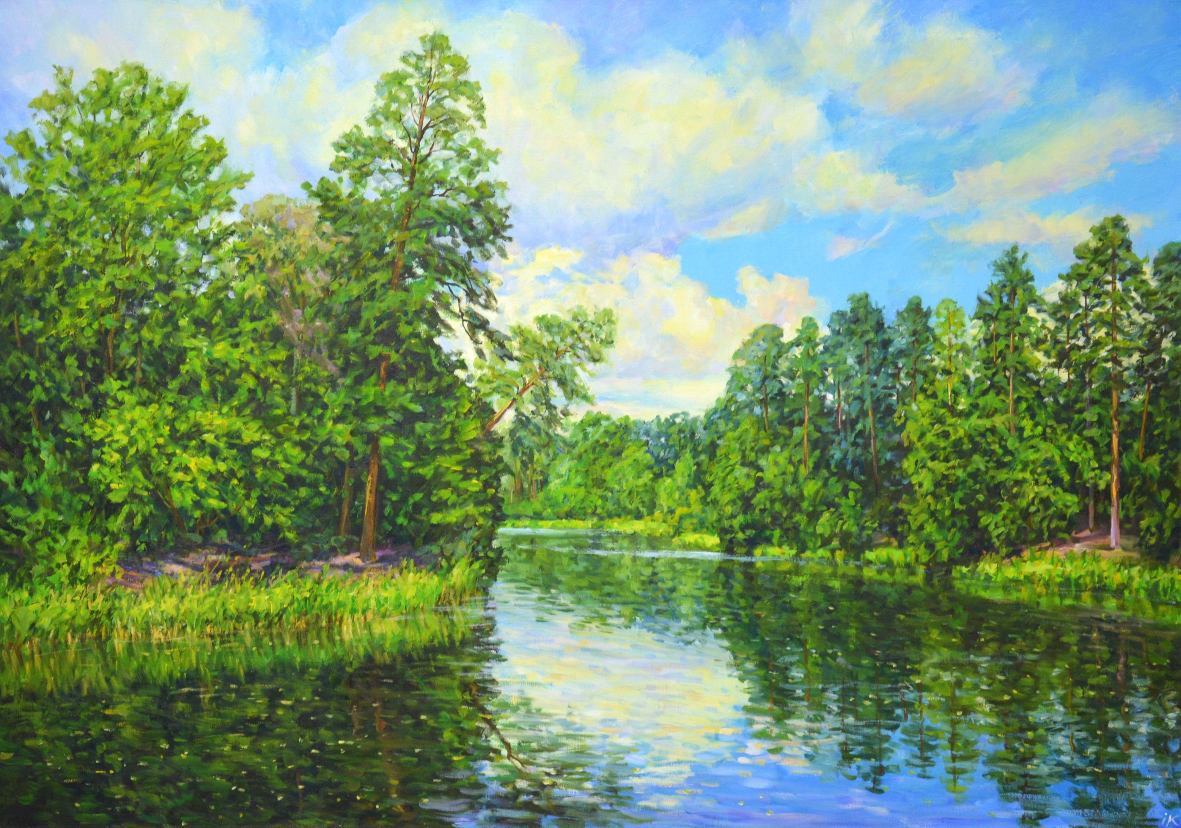 Summer landscape. The saturated palette of greenery, the lake, the forest, the pines, the reflection of the sky in the water, the clouds evoke a feeling of love and gratitude to nature. The picture has good spatial quality, and the colors cause a