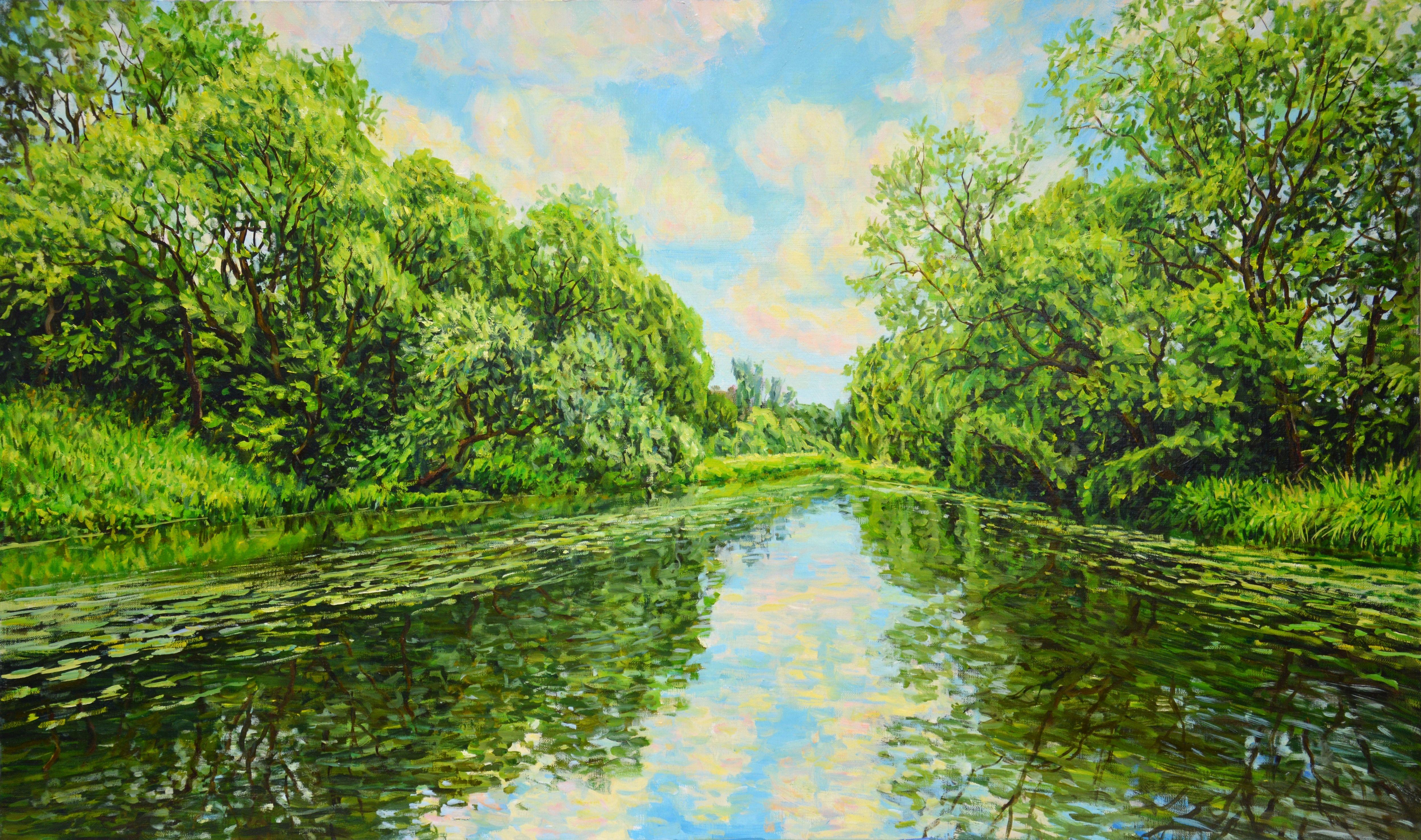Painting Summer landscape. Nature is an inexhaustible source of inspiration. The saturated palette of greenery, bushes, trees, grass, water, the reflection of the sky in the water cause a feeling of love and gratitude to nature. The picture has good