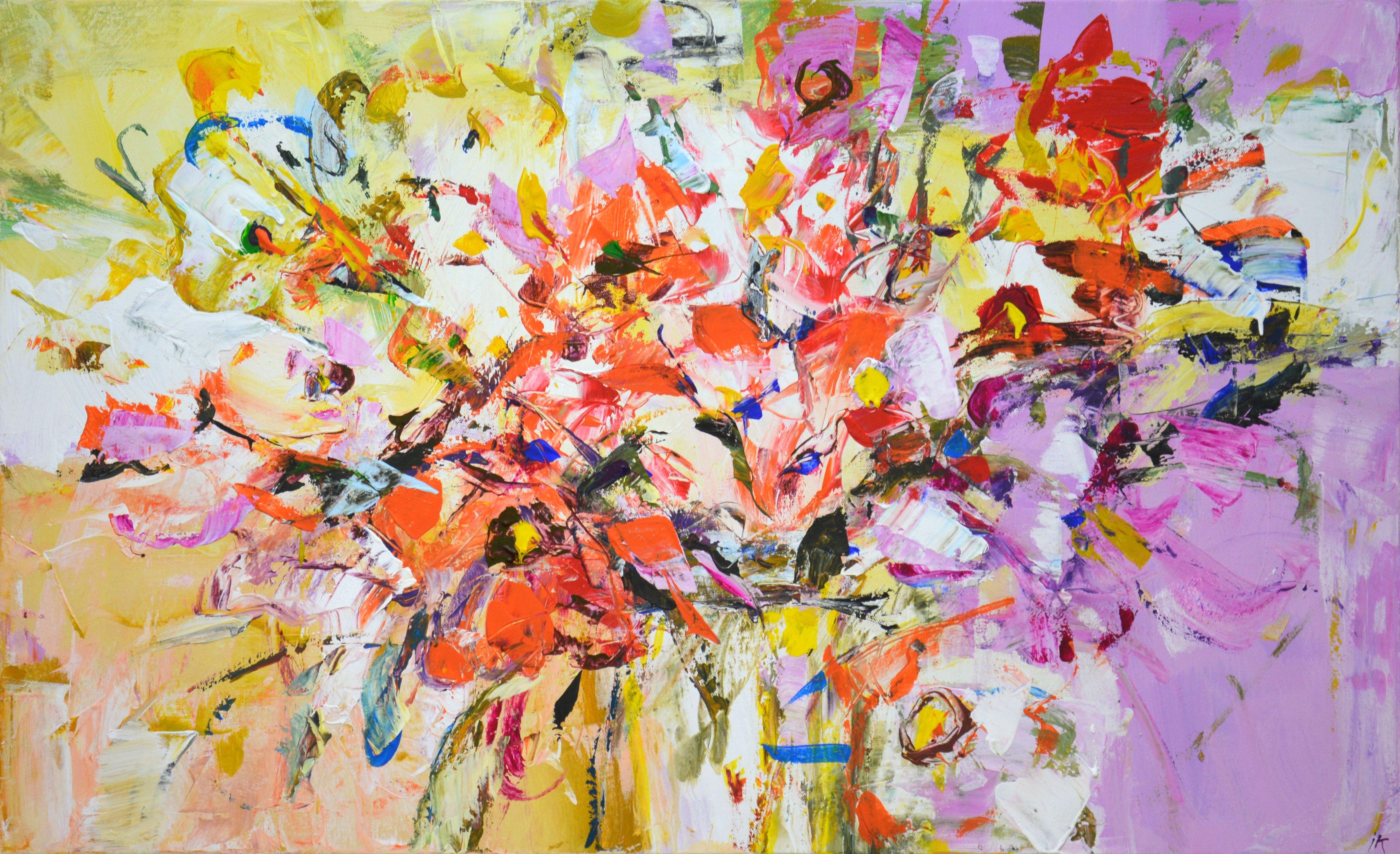 Summer memories. Abstract, expressive bouquet of poppies. Modern On the palette, light tones of yellow, pink, white, red of a certain shape are vigorously mixed, scattered on the canvas with a spatula and a brush. Painting is a way to show the