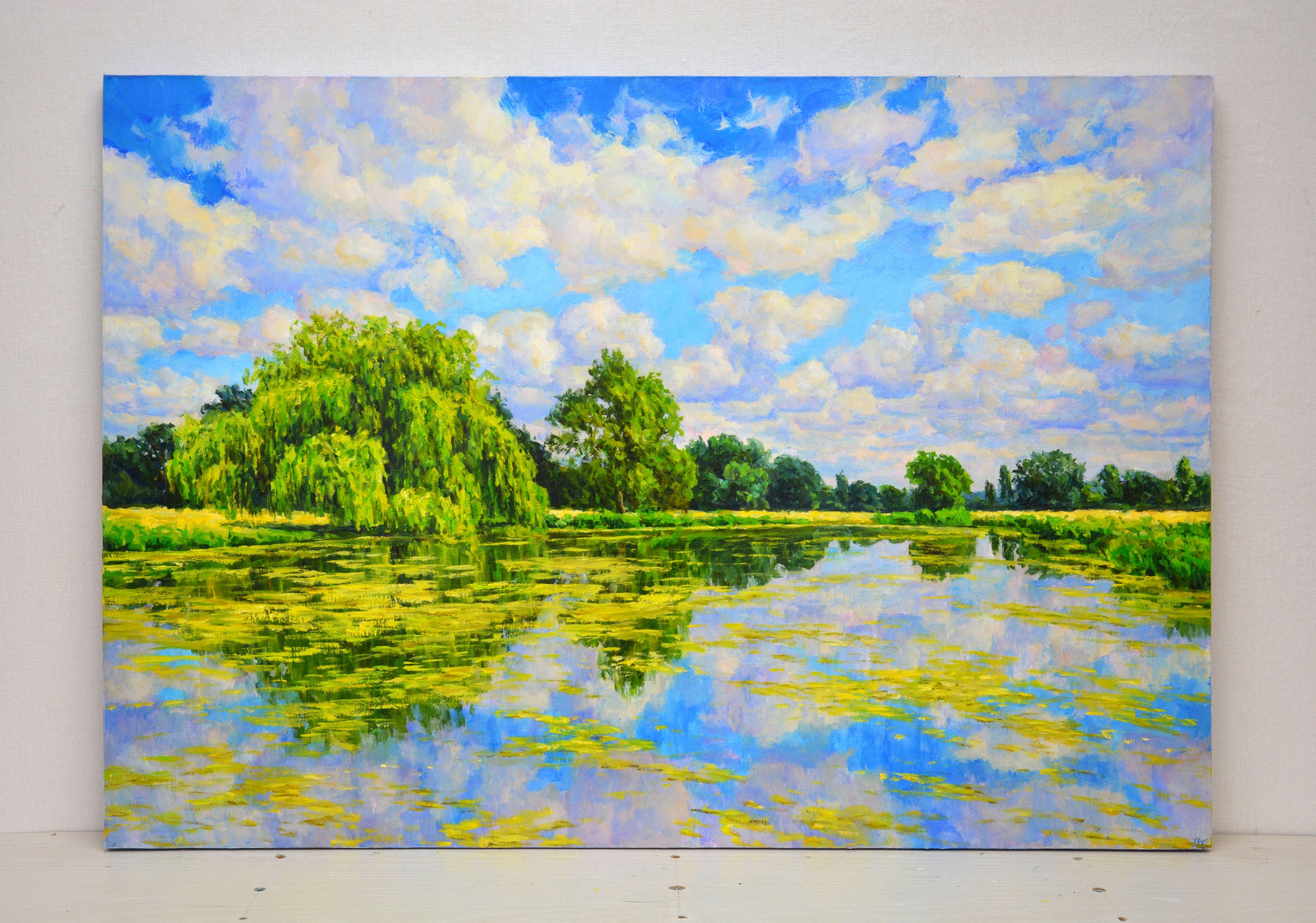 Picture. Summer. The saturated palette of greenery, the reflection of the sky in the water, willows, clouds, a beautiful summer day evoke a feeling of love and gratitude to nature. The picture has good spatial quality, and the colors cause joy in