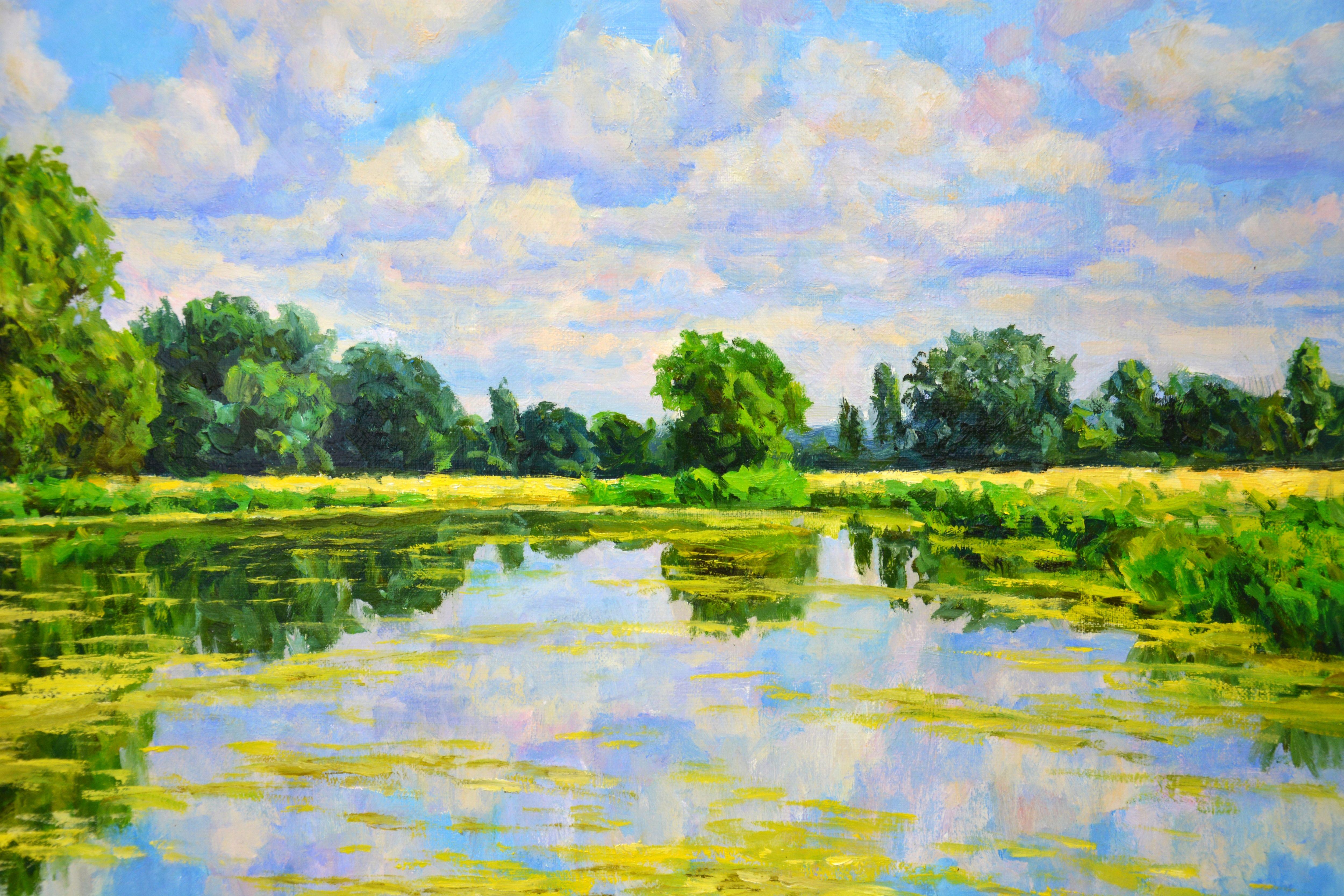 Estate, Pittura, Olio su tela - Landscape Painting Blu di Iryna Kastsova