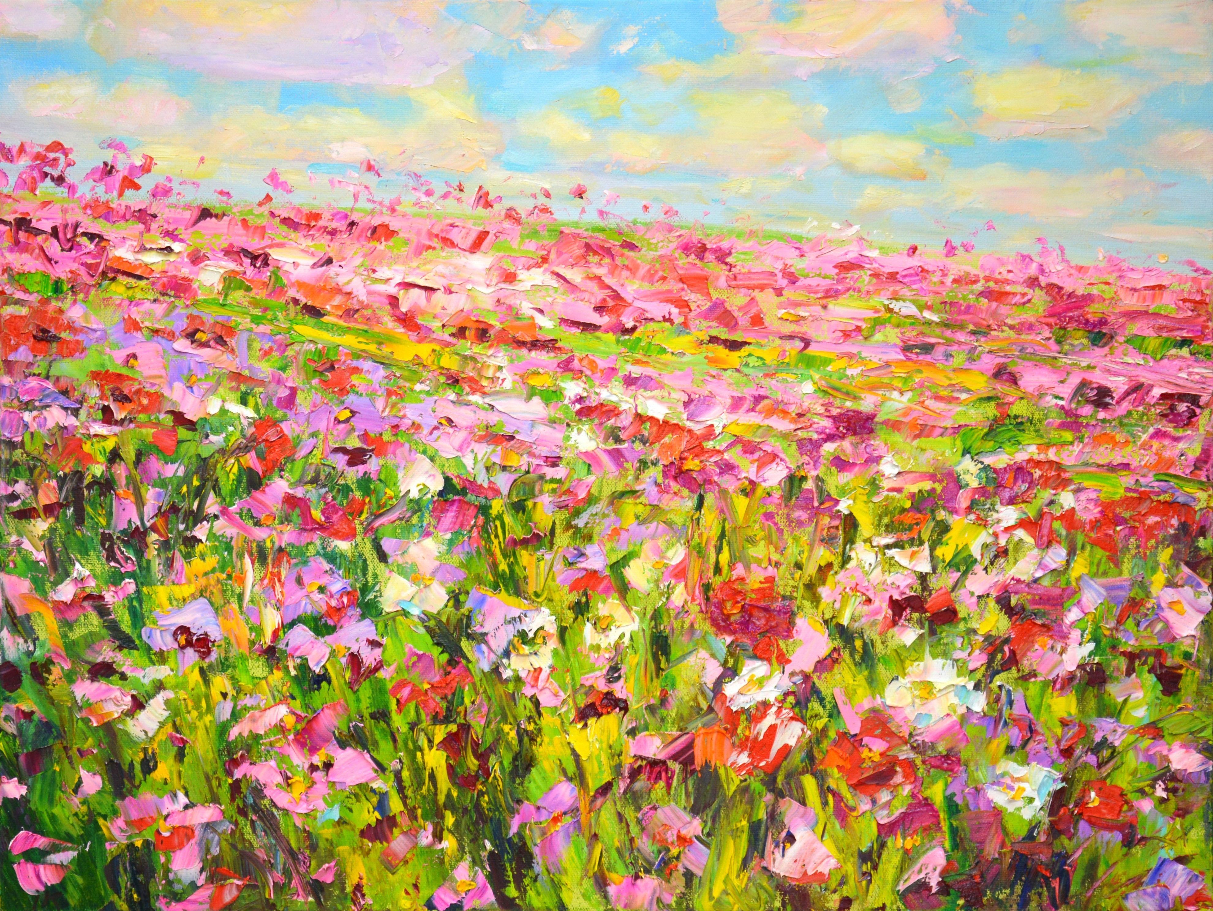 Summer, summer. A sunny summer day, the whole earth is warmed with warmth, a blooming field, flowers, multi-colored poppies, clouds, the sky create an atmosphere of relaxation, harmony, bliss. Impressionism. Nature is an inexhaustible source of