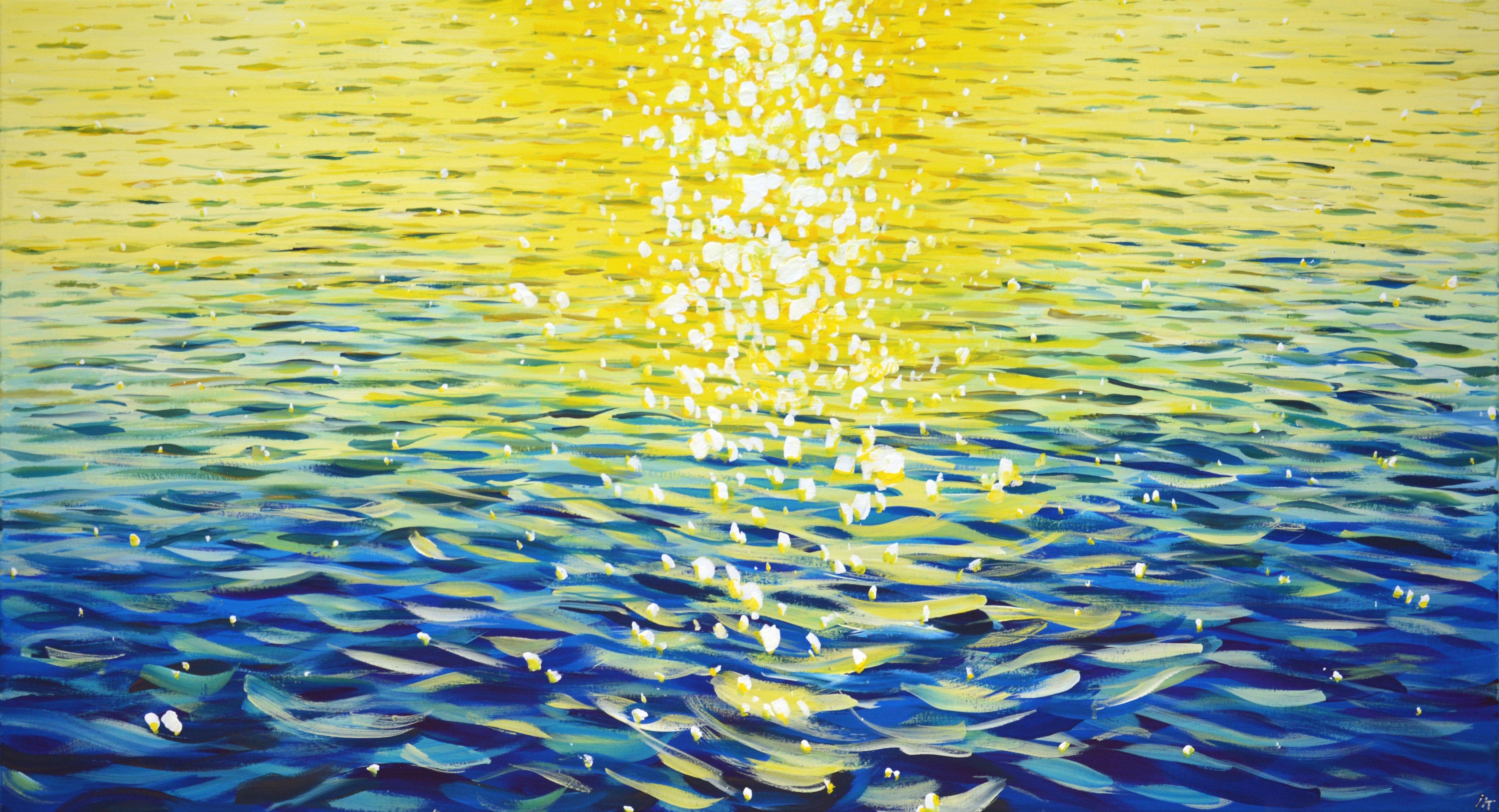 Sun glare on the water. Warm water, waves, serene views, shine of the ocean, evening glare of the sun on the water create an atmosphere of relaxation and romance. Made in the style of realism. A palette of yellow and blue is expressively mixed on
