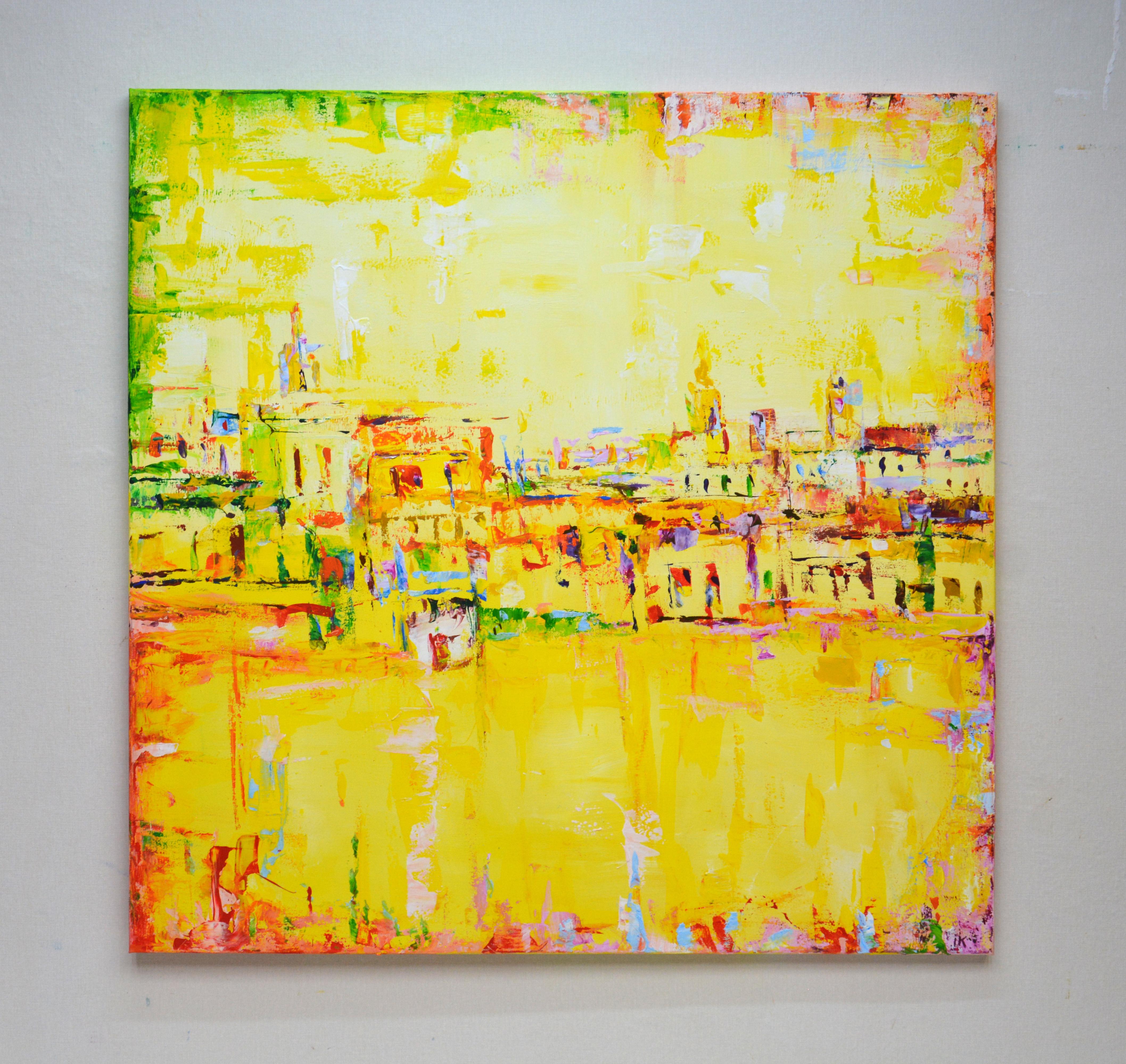 Yellow interior abstract city landscape, Sun in the city, Acrylic on canvas  - Painting by Iryna Kastsova