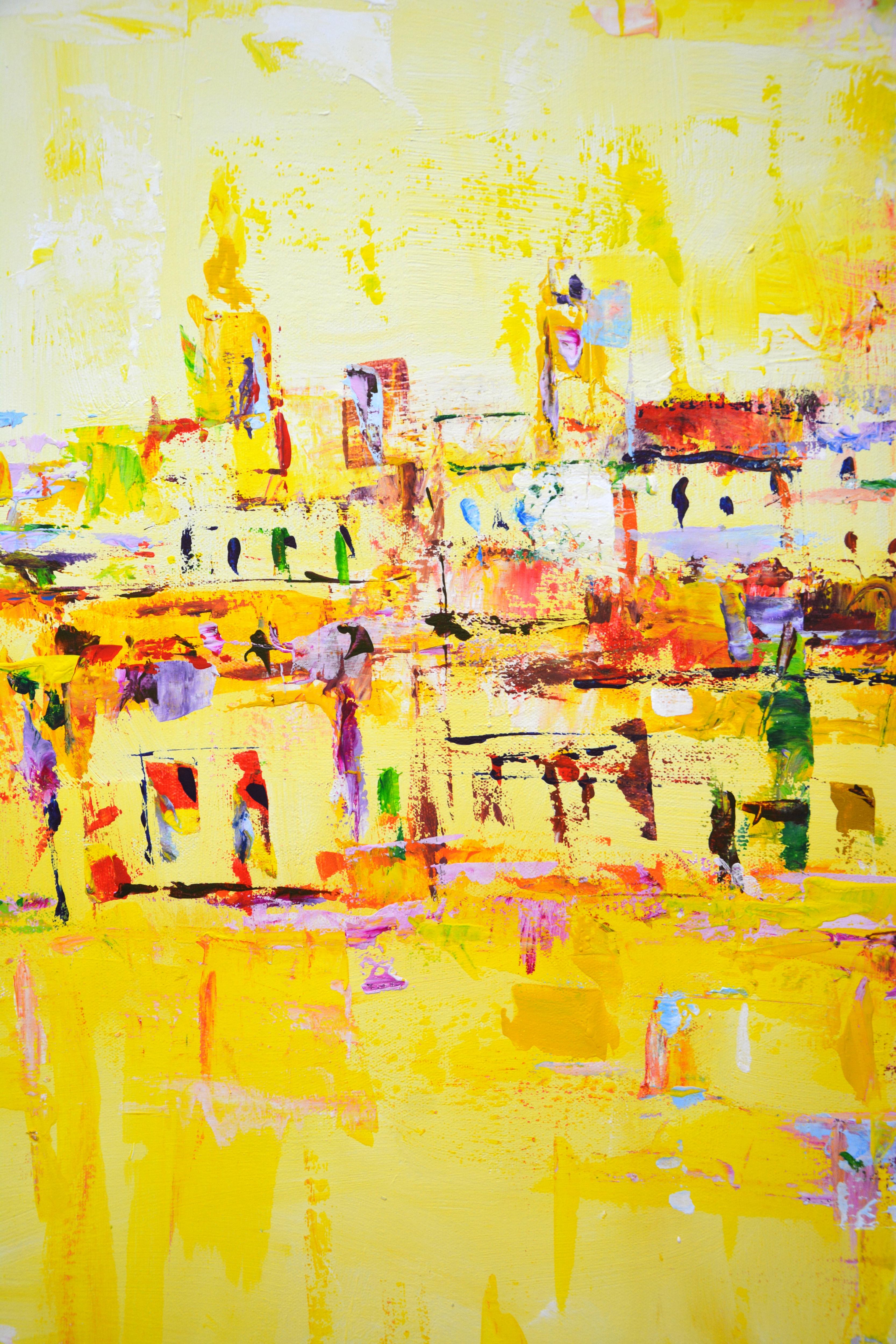 Yellow interior abstract city landscape, Sun in the city, Acrylic on canvas  For Sale 1