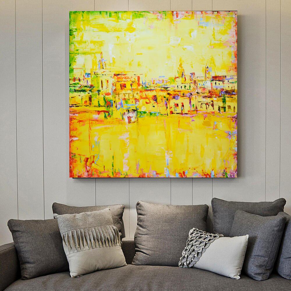 Yellow interior abstract city landscape, Sun in the city, Acrylic on canvas  For Sale 2