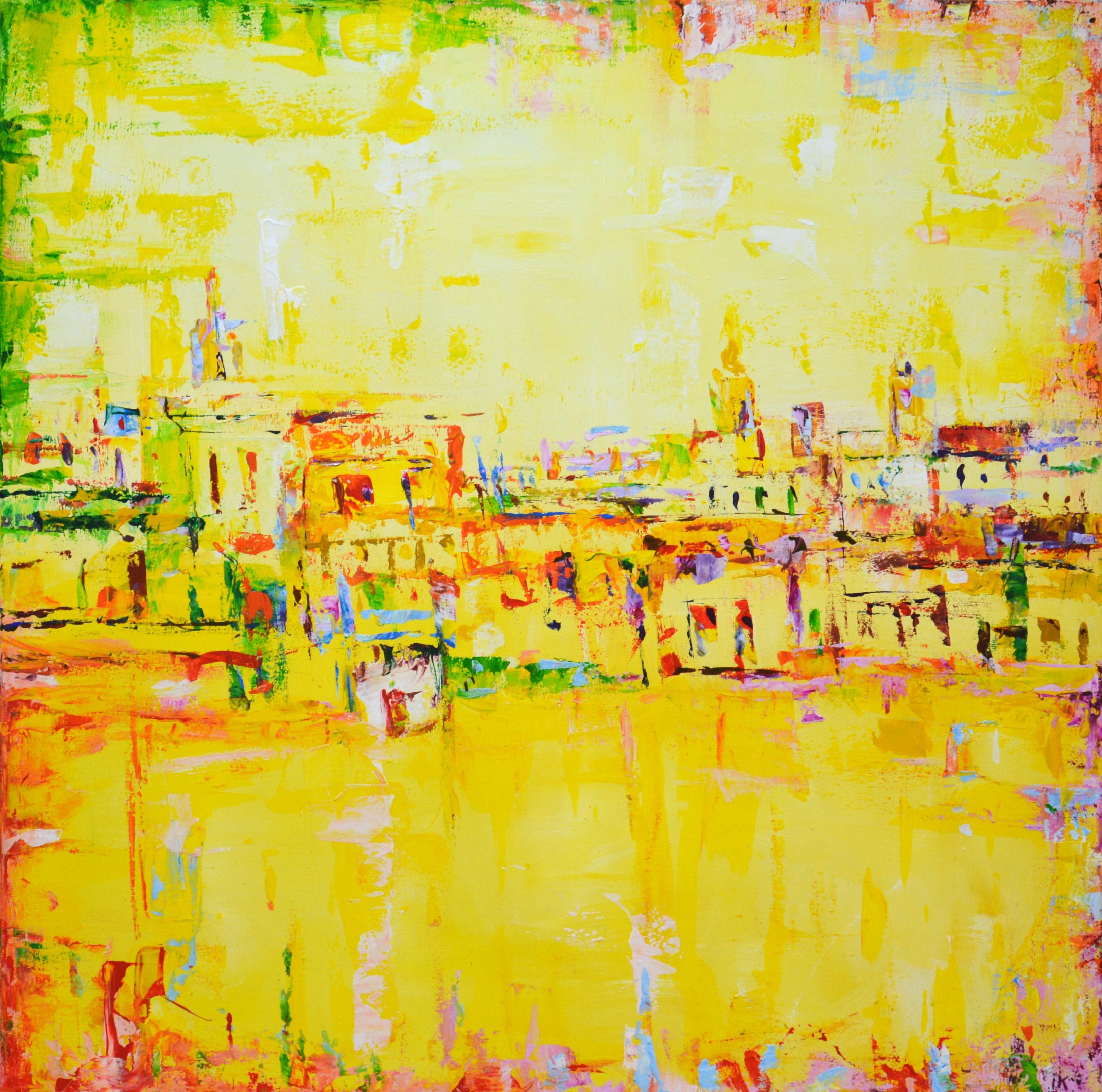 Iryna Kastsova Interior Painting - Yellow interior abstract city landscape, Sun in the city, Acrylic on canvas 