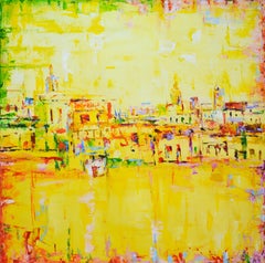 Yellow interior abstract city landscape, Sun in the city, Acrylic on canvas 