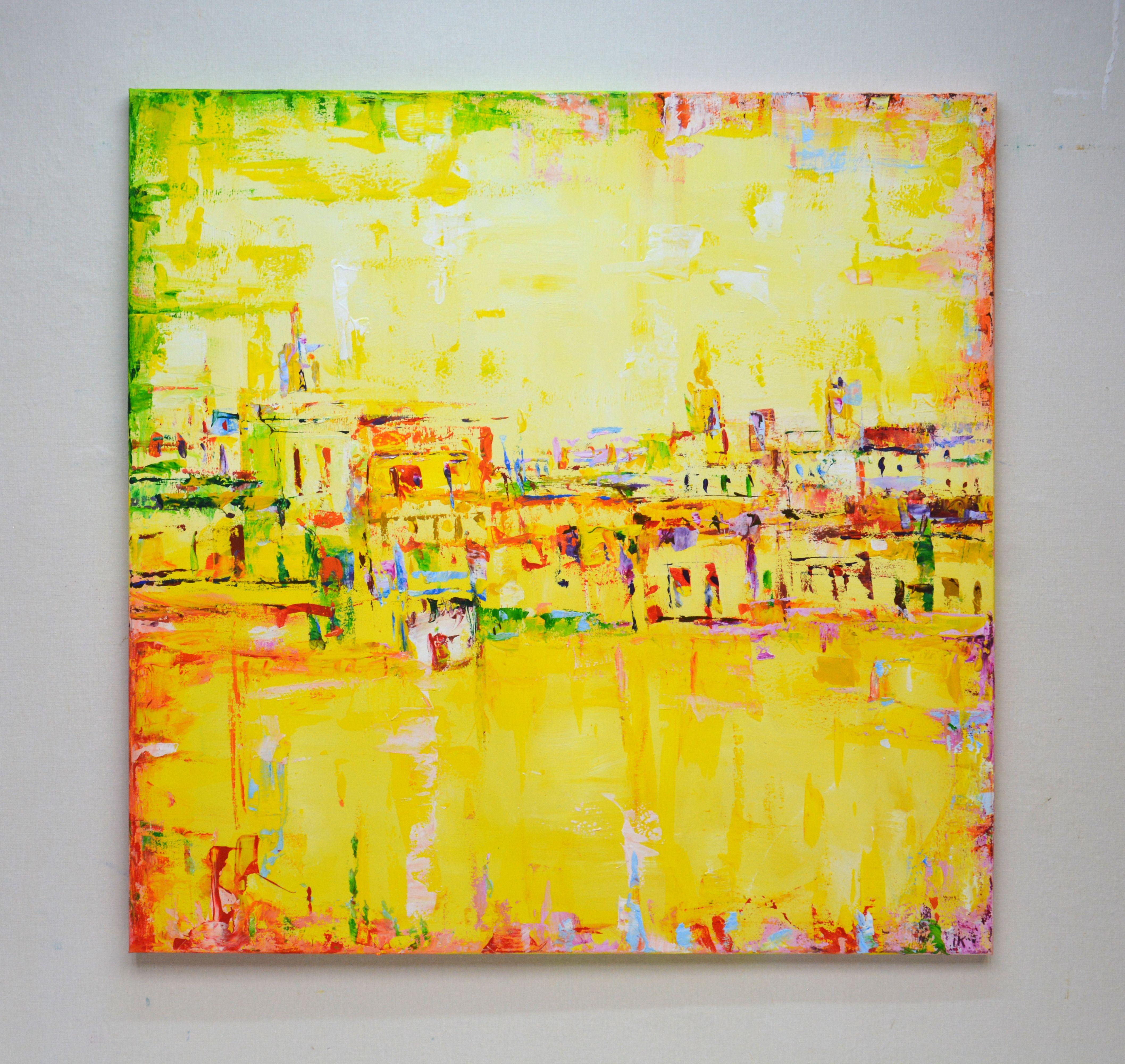 Sun in the city. This unique abstract acrylic painting will highlight your interior. The product has a consistent modern aesthetic design and is filled with positive energy. Colors overlap and overlap each other, and also stand out with subtle and