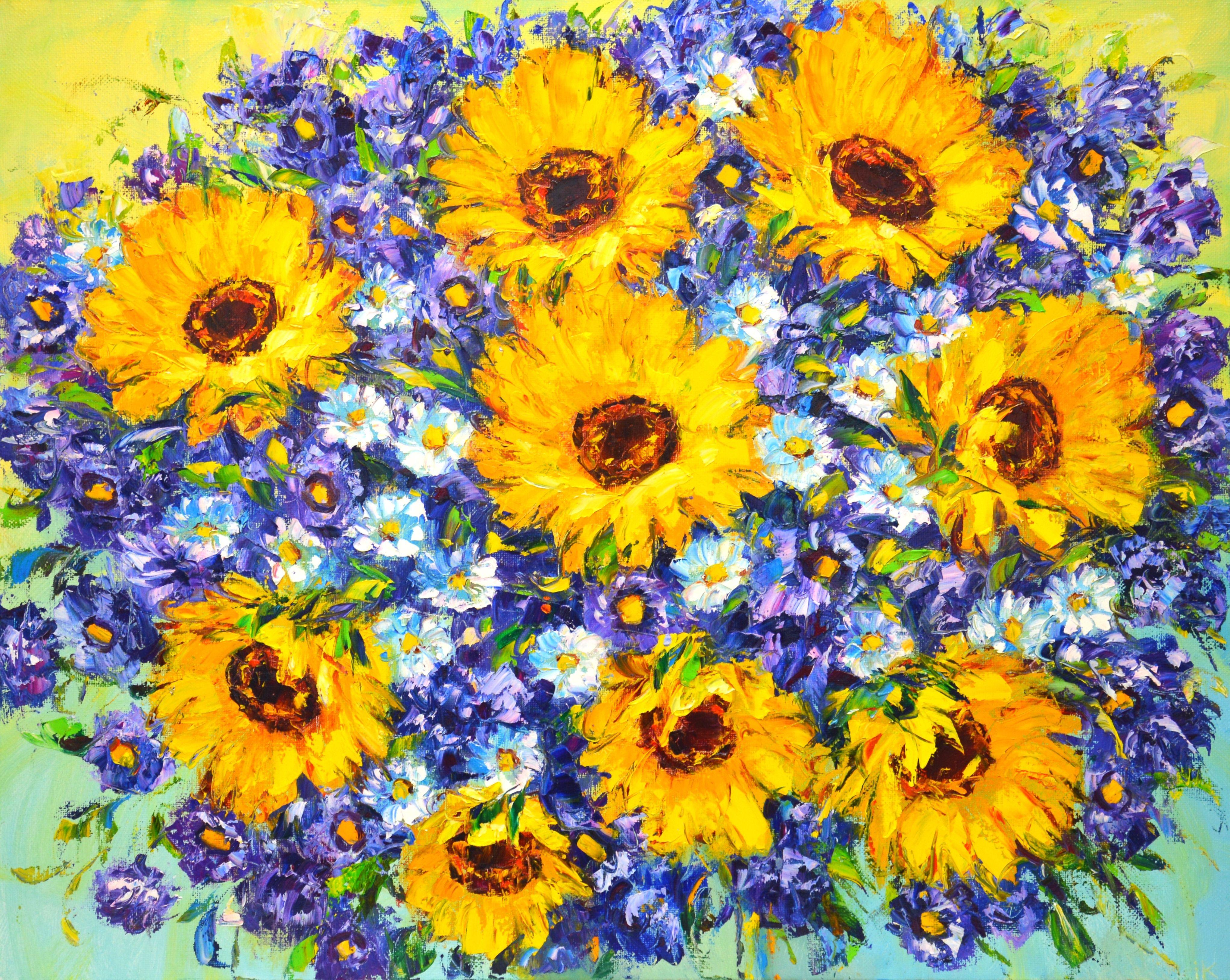 Sunflowers 19. Summer bouquet of bright yellow sunflowers and white daisies, blue asters, presented on an abstract bright background. Flowers painted with a palette knife, textured, create colossal energy in the scene. Impressionism: part of a