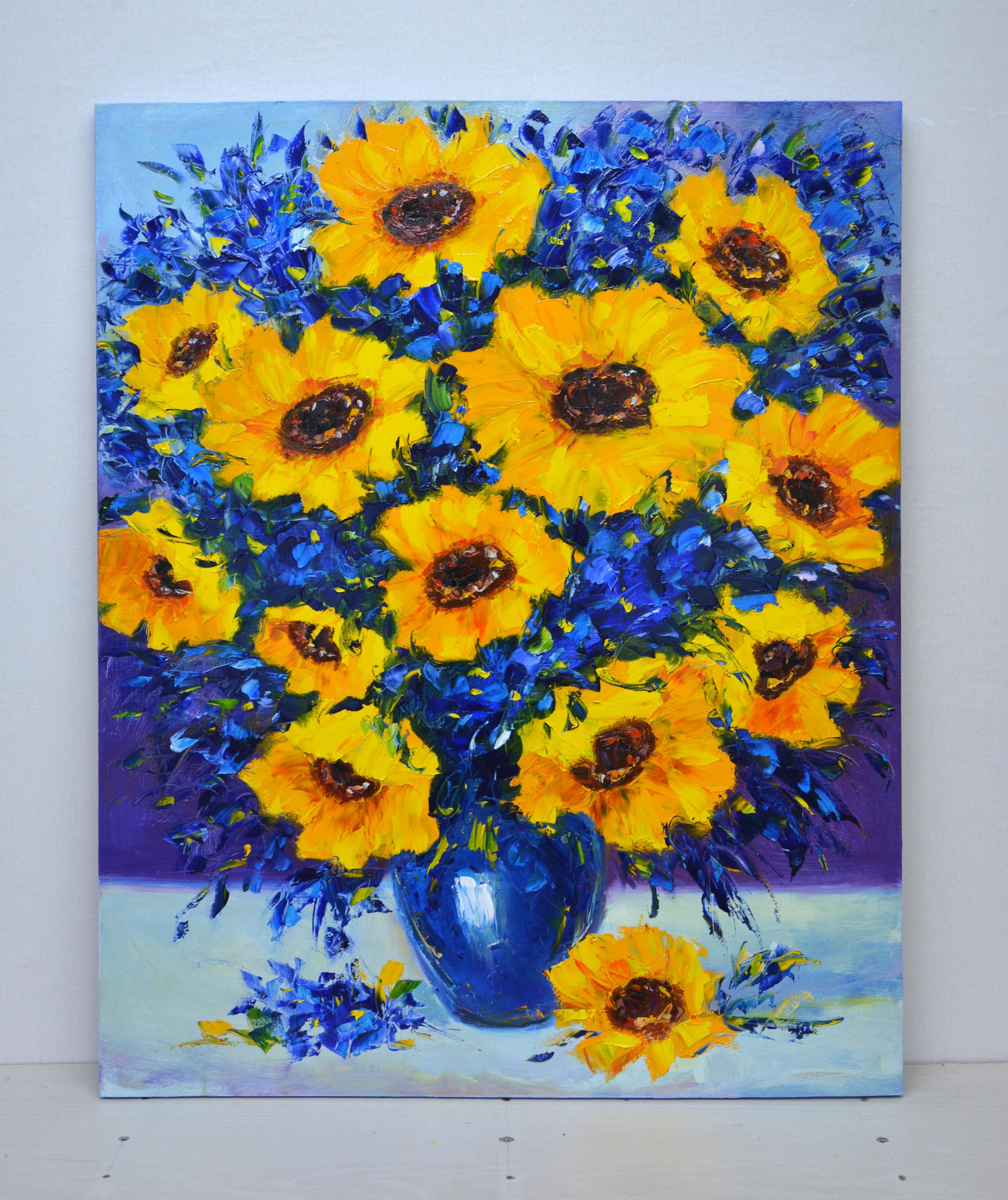 Sunflowers – Oil Painting of Sunflowers (100x80 cm) - Purple Interior Painting by Iryna Kastsova
