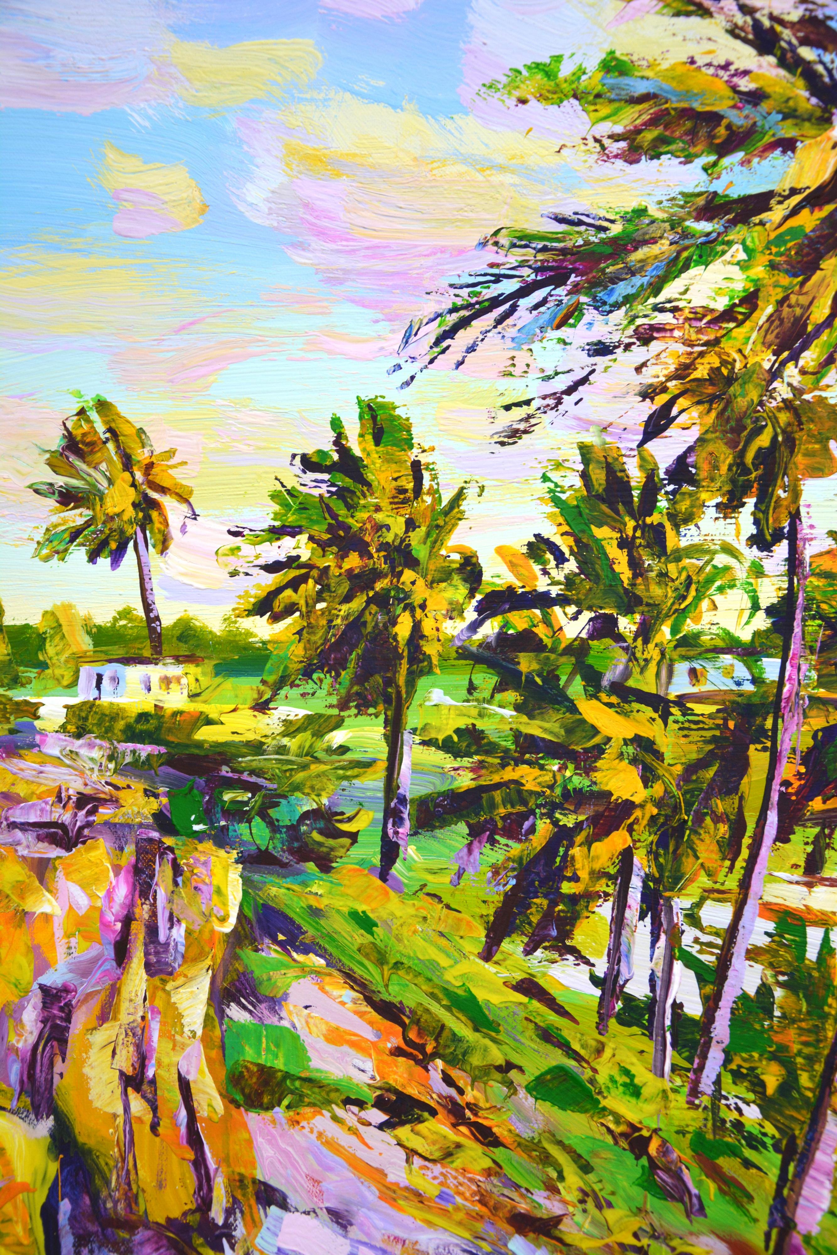 Sunny Beach. Ocean. Summer landscape: ocean, waves, sunny beach, palm trees, beach, sunny day, romance, impressionism, realism, water, painting, sea foam, sea wave, sea voyage, sky, create an atmosphere of relaxation. The painting is varnished.