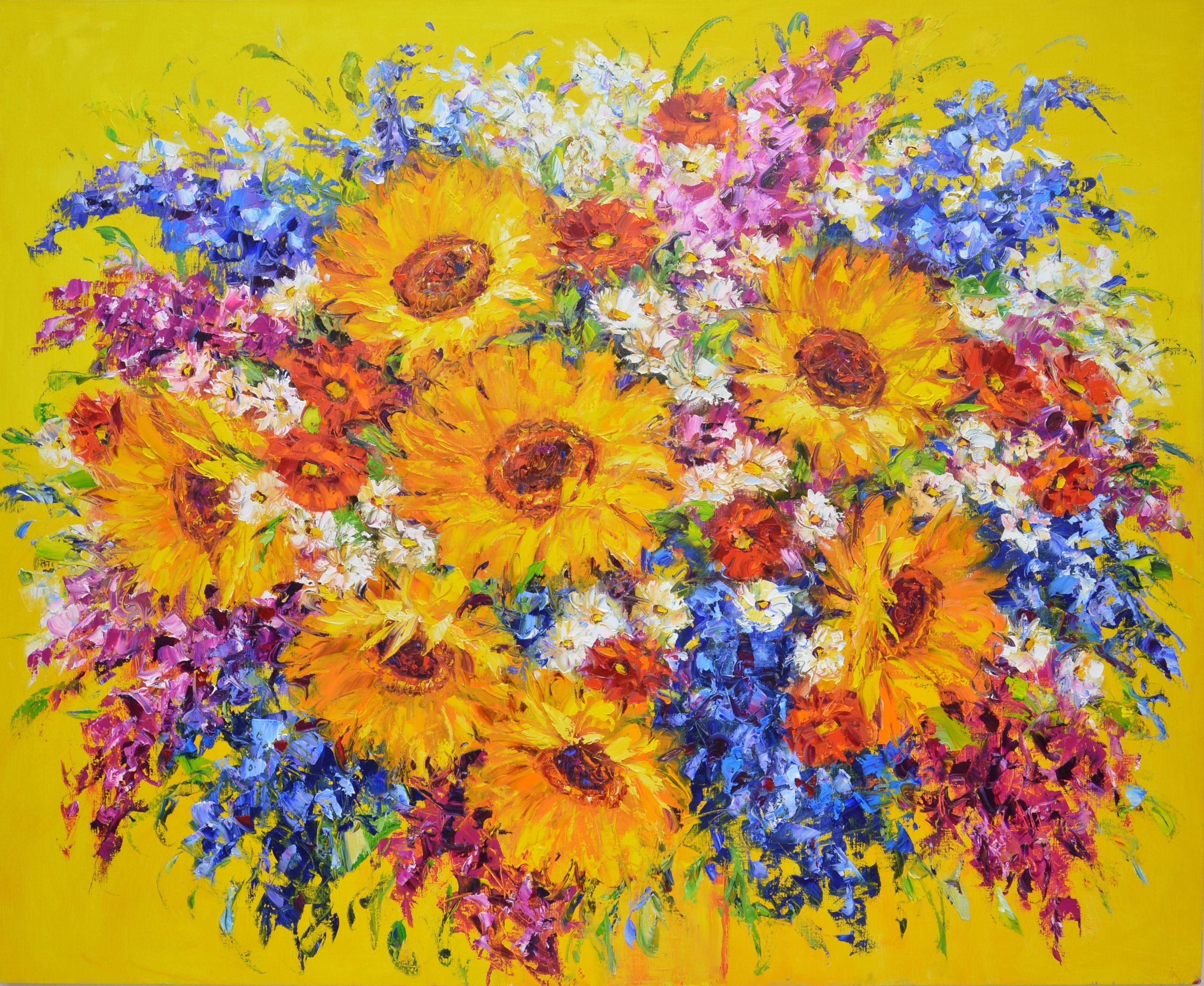 Shiny sunflowers, white daisies, lavender flowers of red, pink and purple in an oblong composition created by tassels and a spatula. Part of an ongoing series of floral still lifes. The painting has good spatial quality, and bright colors cause