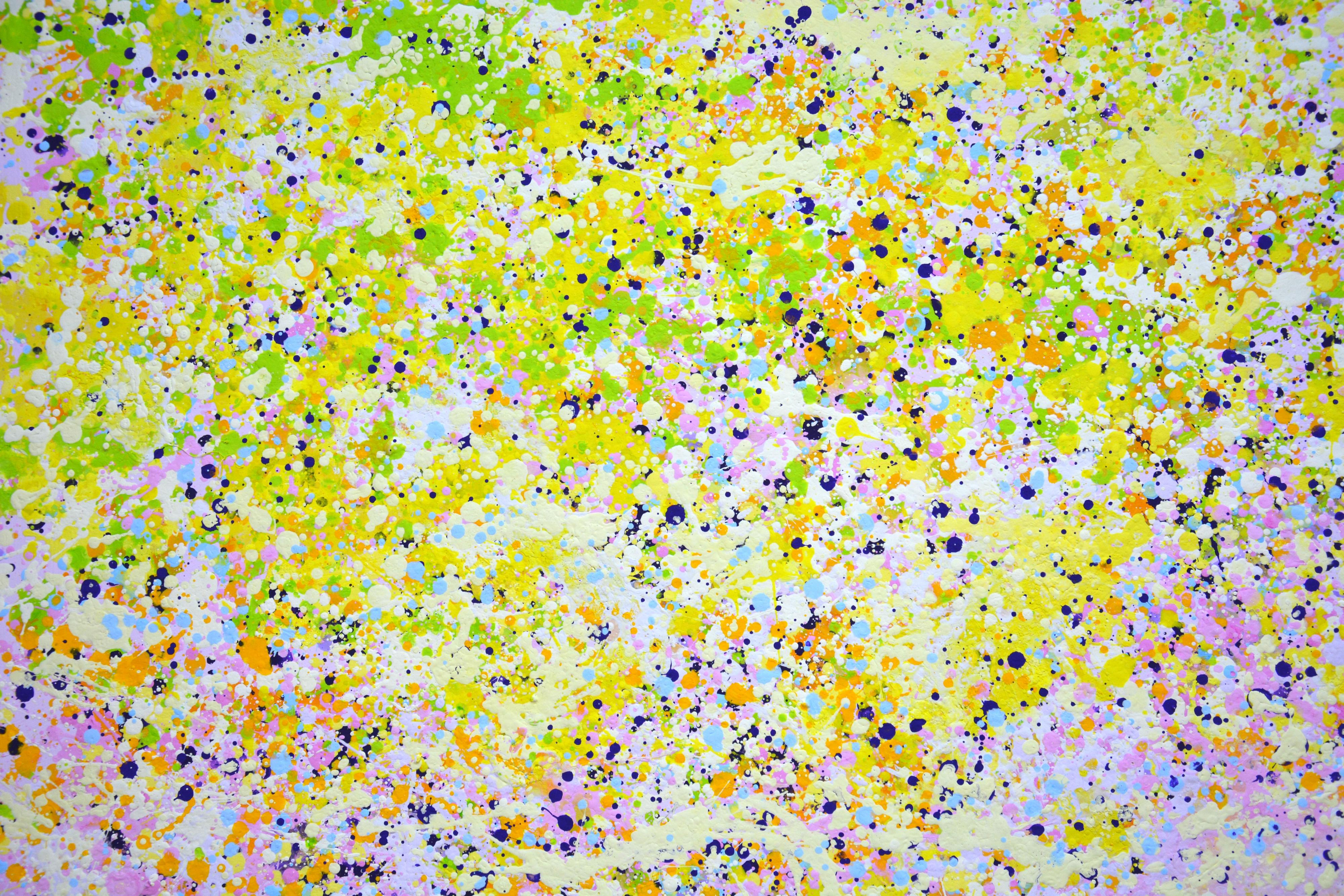 Sunny summer 5. This is an original, expressive, modern abstract acrylic painting created using dripping and splashing paint onto canvas. The product has a modern aesthetic design and is filled with positive energy. Warm colors overlap and stand out
