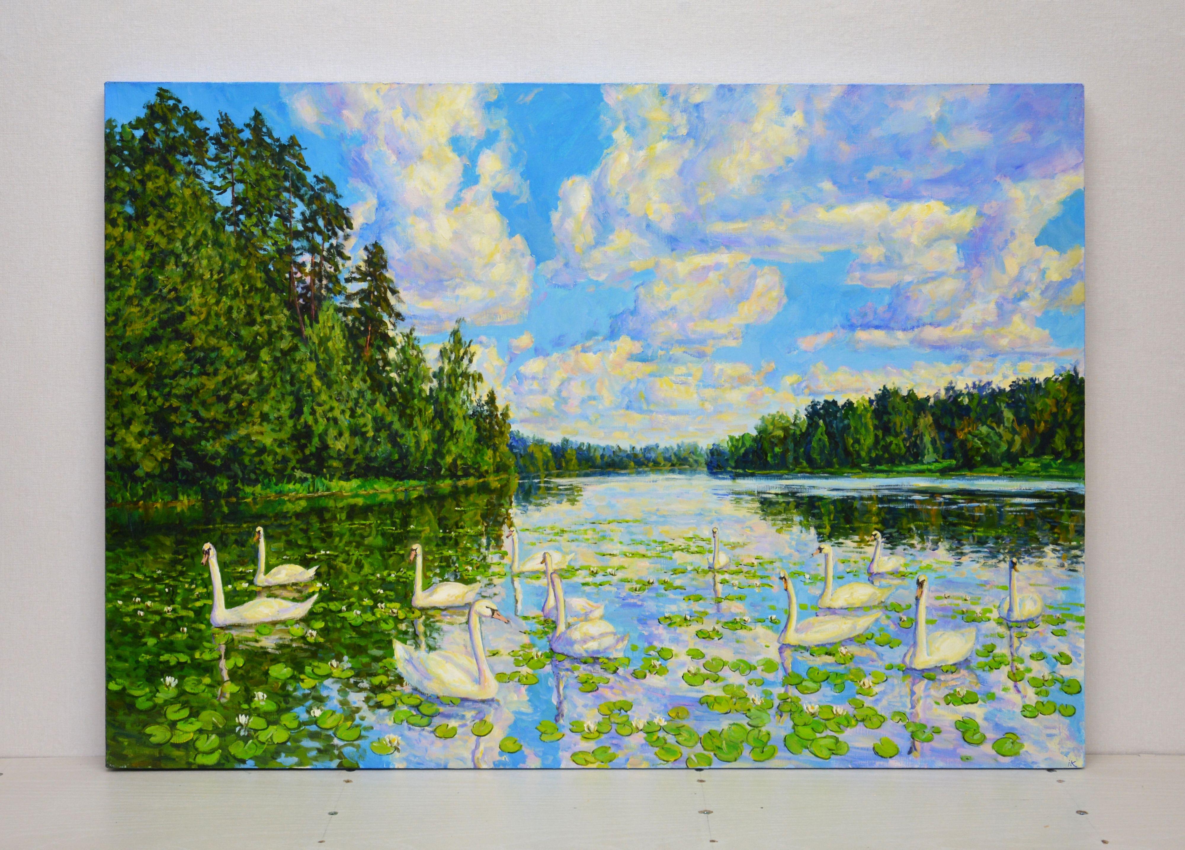 Painting Lake. Swans: a rich palette of green, white swans on the lake, the reflection of the sky in the water, clouds, evoke a feeling of love and gratitude to nature. The picture has good spatial quality and the colors make children happy. Oil