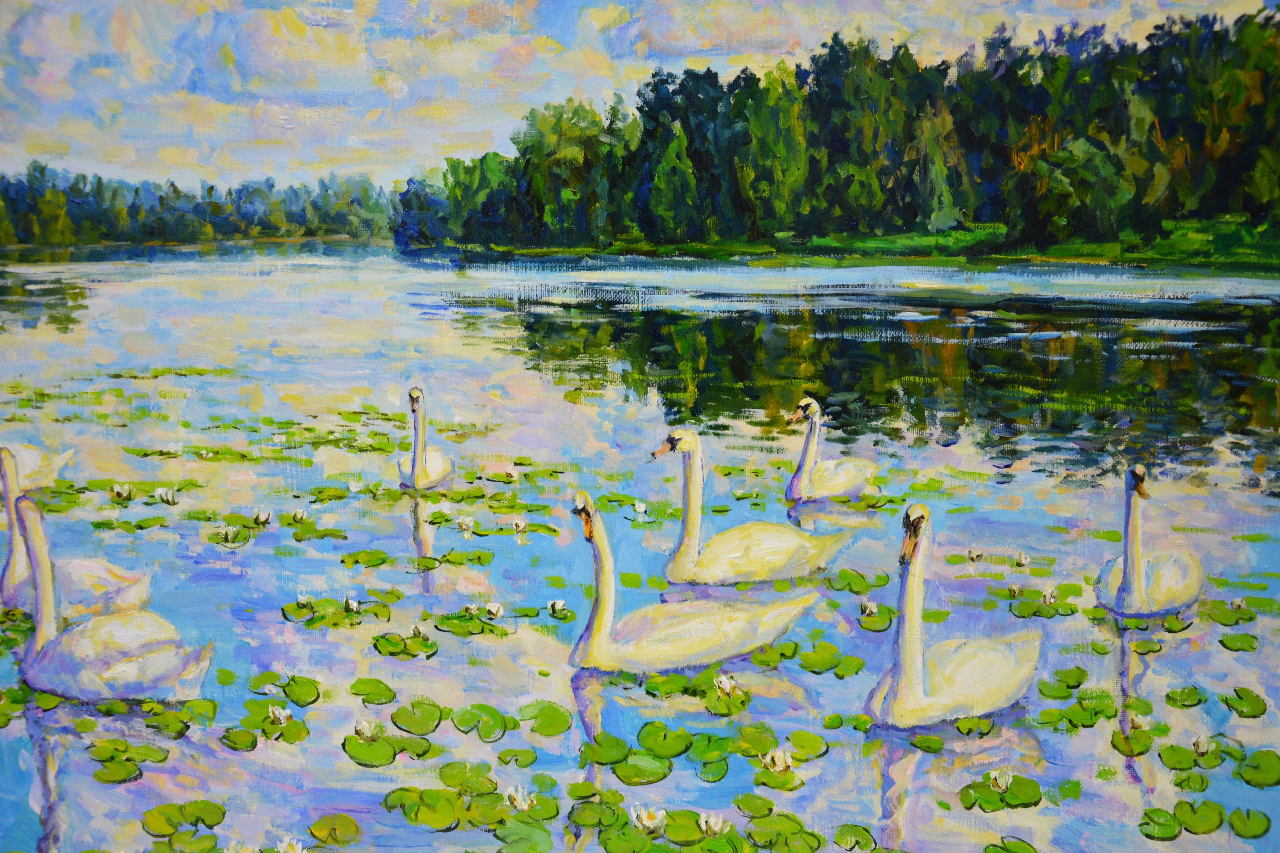 Swan Lake, Painting, Oil on Canvas For Sale 2