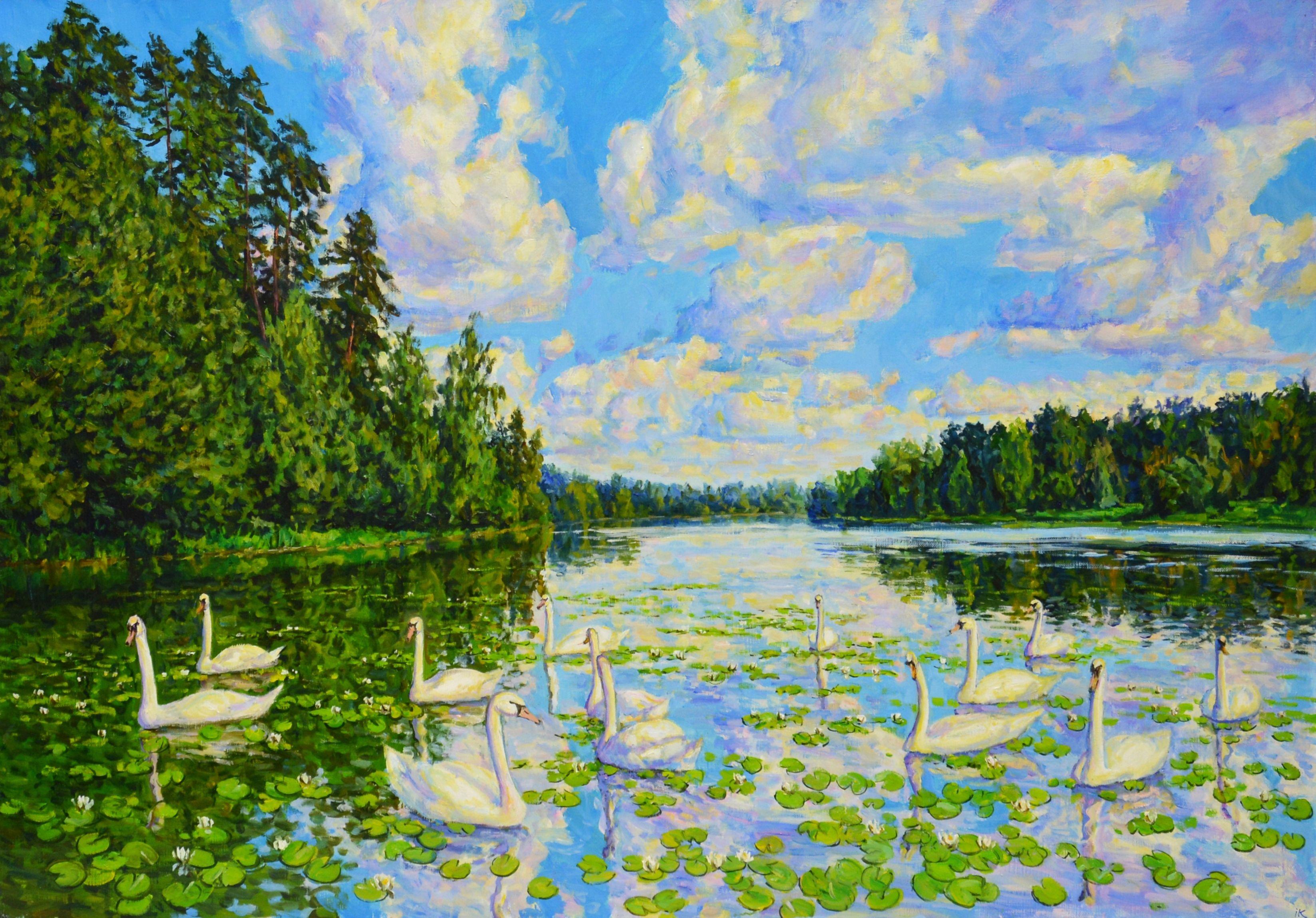 Landscape Painting de Iryna Kastsova - El lago de los cisnes, Pintura, Óleo sobre lienzo
