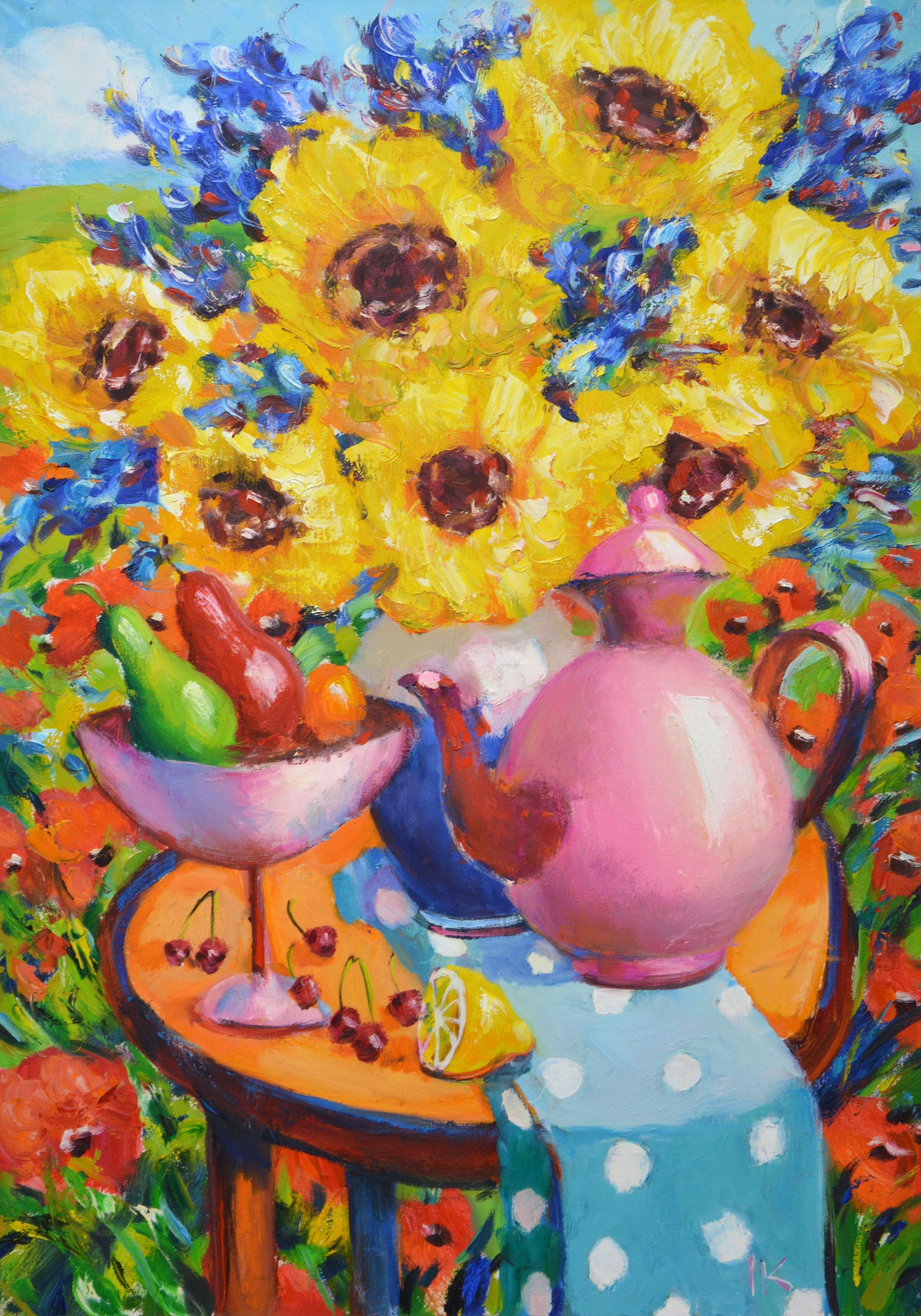 Tea in the garden. Still life in nature: On the table there is a bouquet of sunflowers in a vase, a teapot, cherries, fruits: pears, tangerines, lemon. Expressionism. Modern. Still life in oil on linen canvas. It is varnished. Artist's signature.