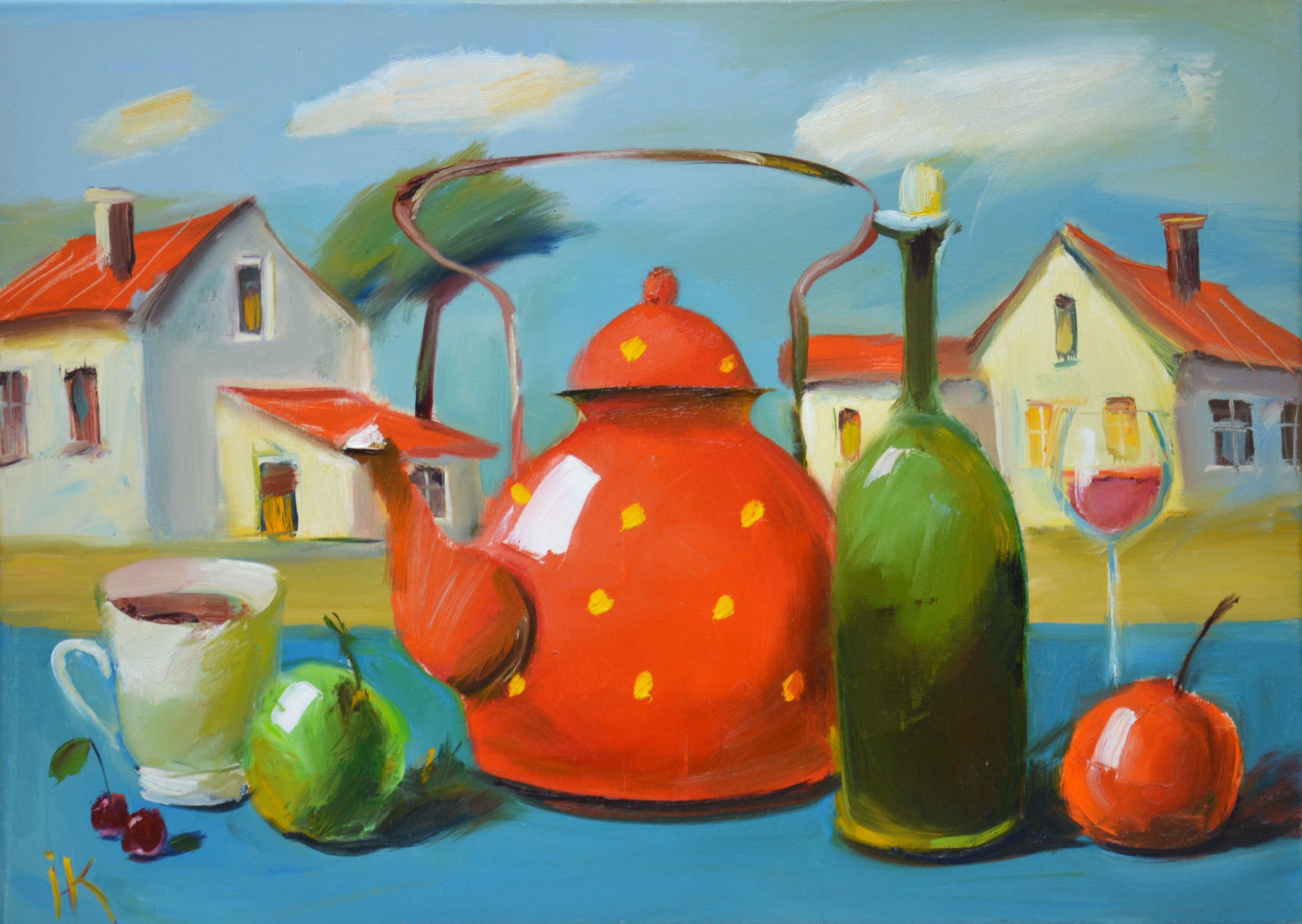 Decorative, modern, expressive still life with a red teapot with polka dots, a bottle of wine, fruits against the backdrop of a street with houses. Part of an ongoing series of colorful decorative still lifes. The picture has good spatial quality,