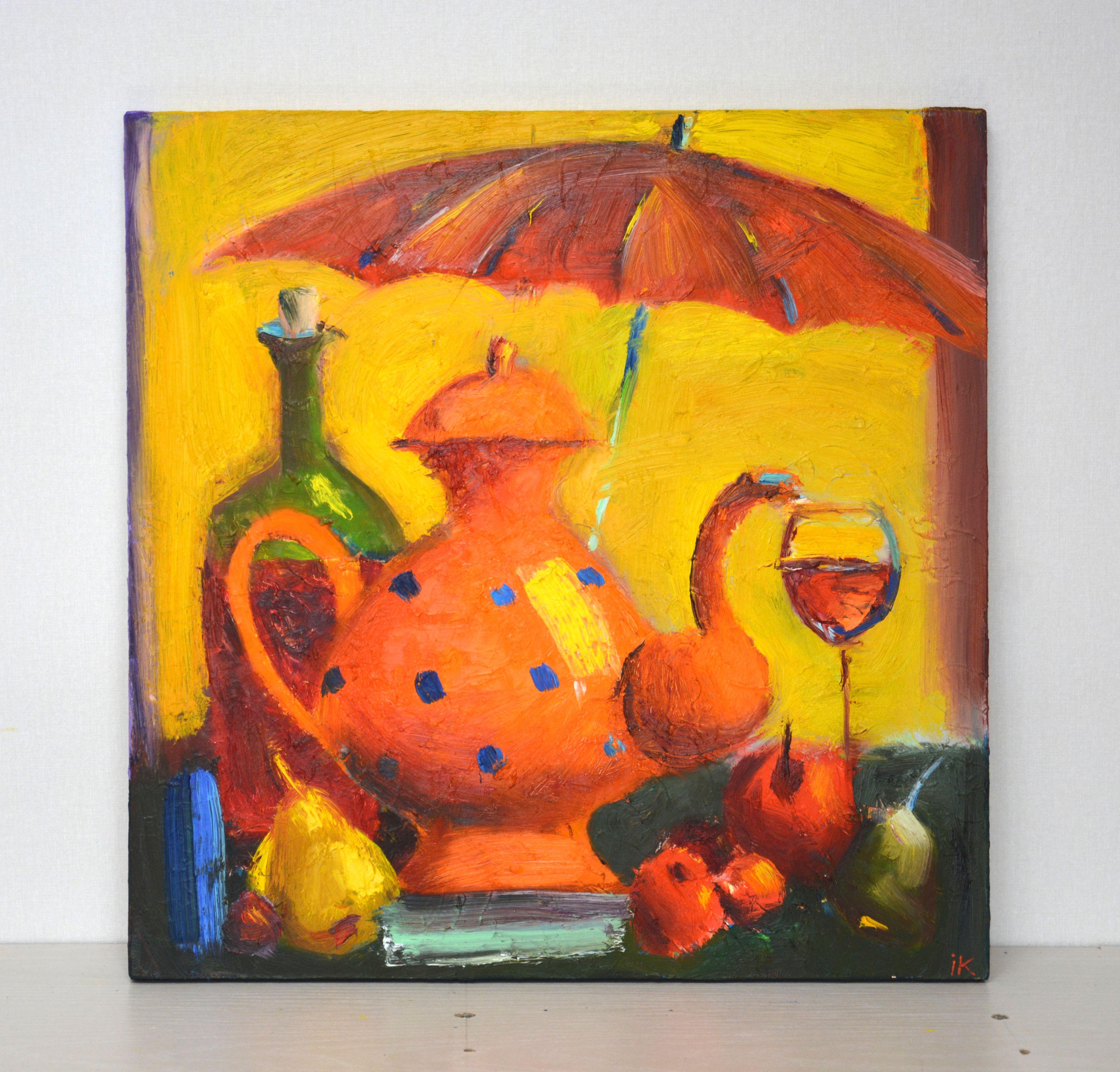 Tea under the umbrella., Painting, Oil on Canvas For Sale 1