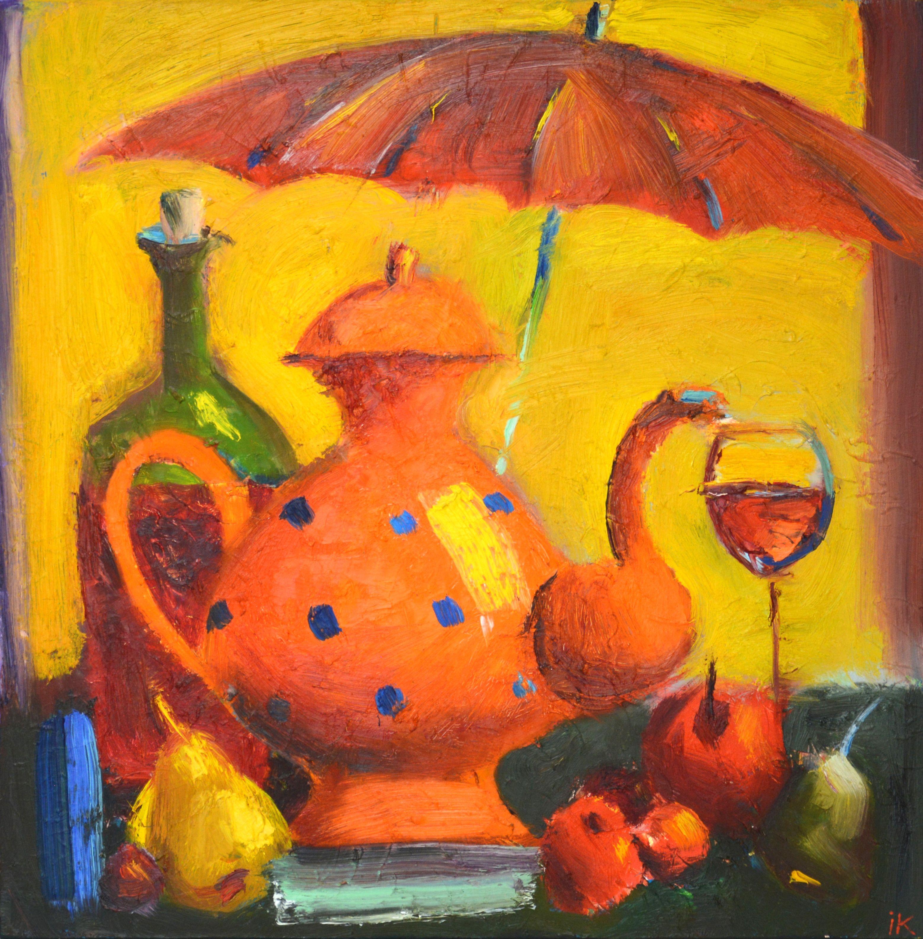 Orange teapot with blue peas, apples, pears, a bottle of wine, a glass, a red umbrella on a yellow background.   The painting was painted expressively with brushes and a spatula.  Part of an ongoing series of colorful decorative still lifes. The