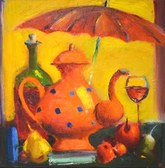 Tea under the umbrella., Painting, Oil on Canvas
