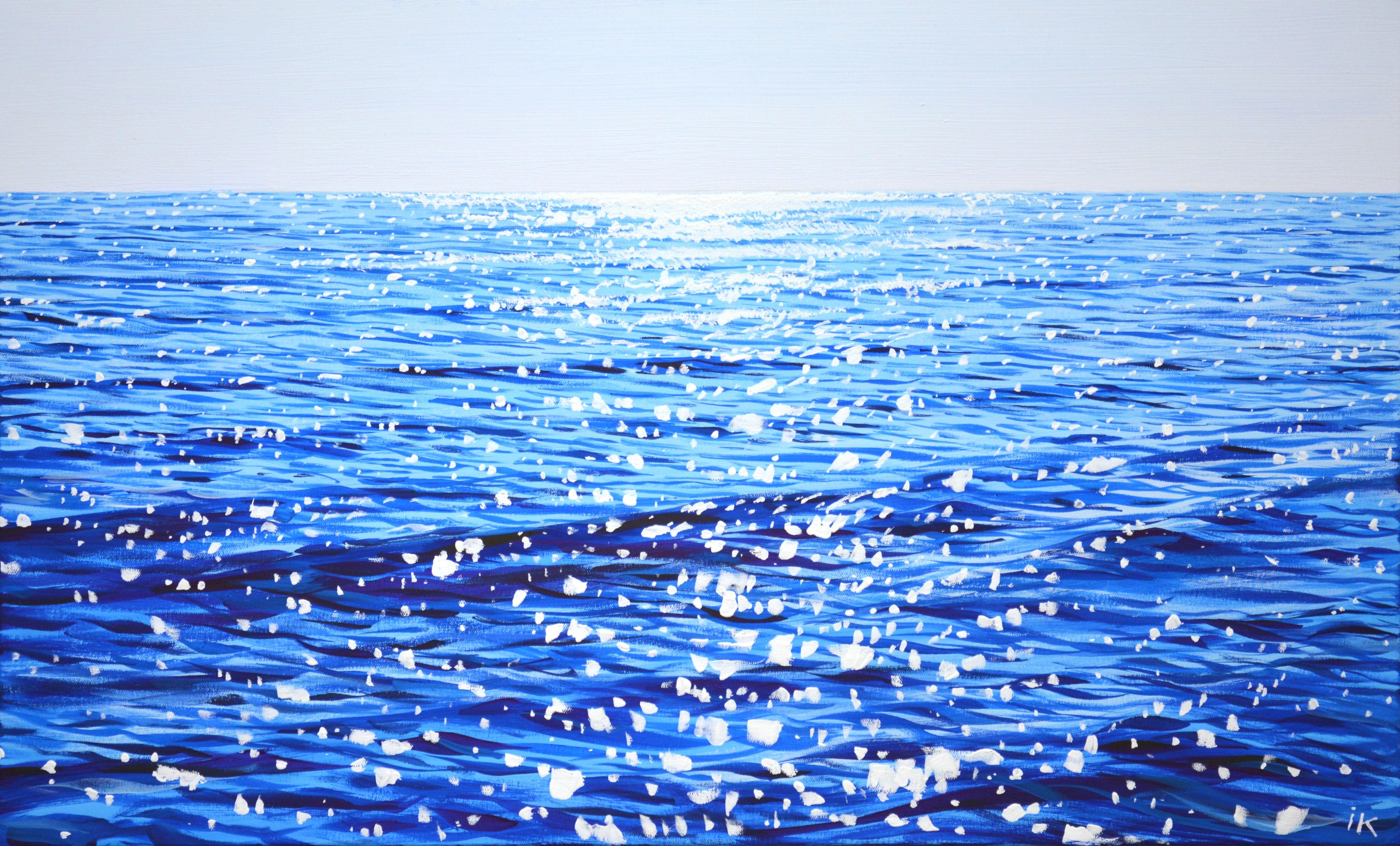 Tender sea. Blue water, clear skies, waves, serene views, sun glare on the water create an atmosphere of relaxation and romance. Made in the style of realism, the blue, white palette emphasizes the energy of water. Part of a permanent series of