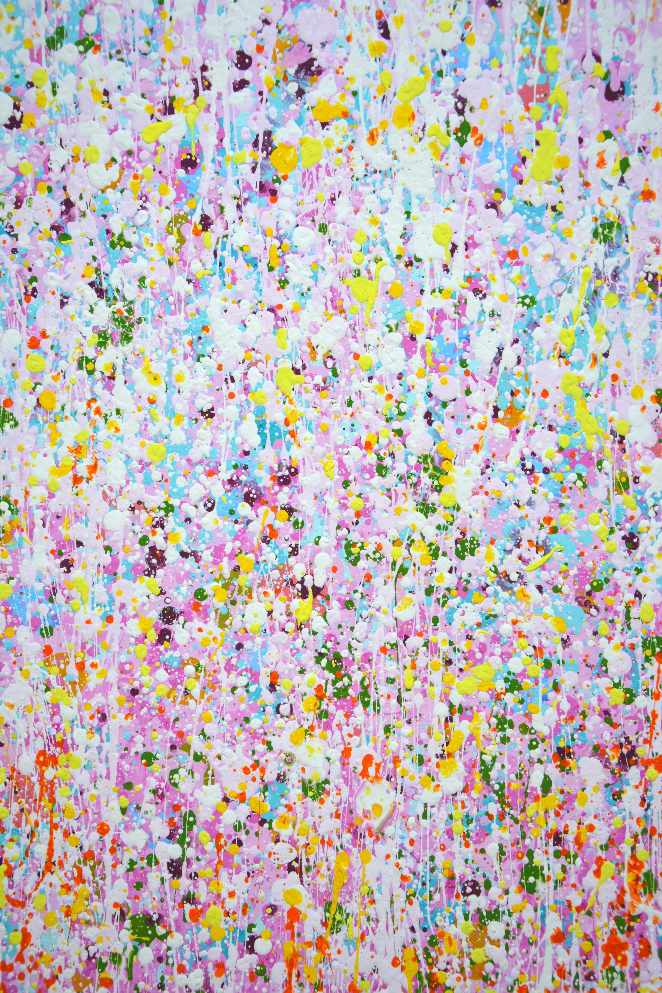 Tendresse 6. Peinture moderne, abstraite et expressive avec des étincelles et des reflets ! Beaucoup de gouttes colorées, roses, blanches sur un fond rose clair et bleu clair.
Sentiments de joie, d'amour et de bonheur. L'image est de bonne qualité