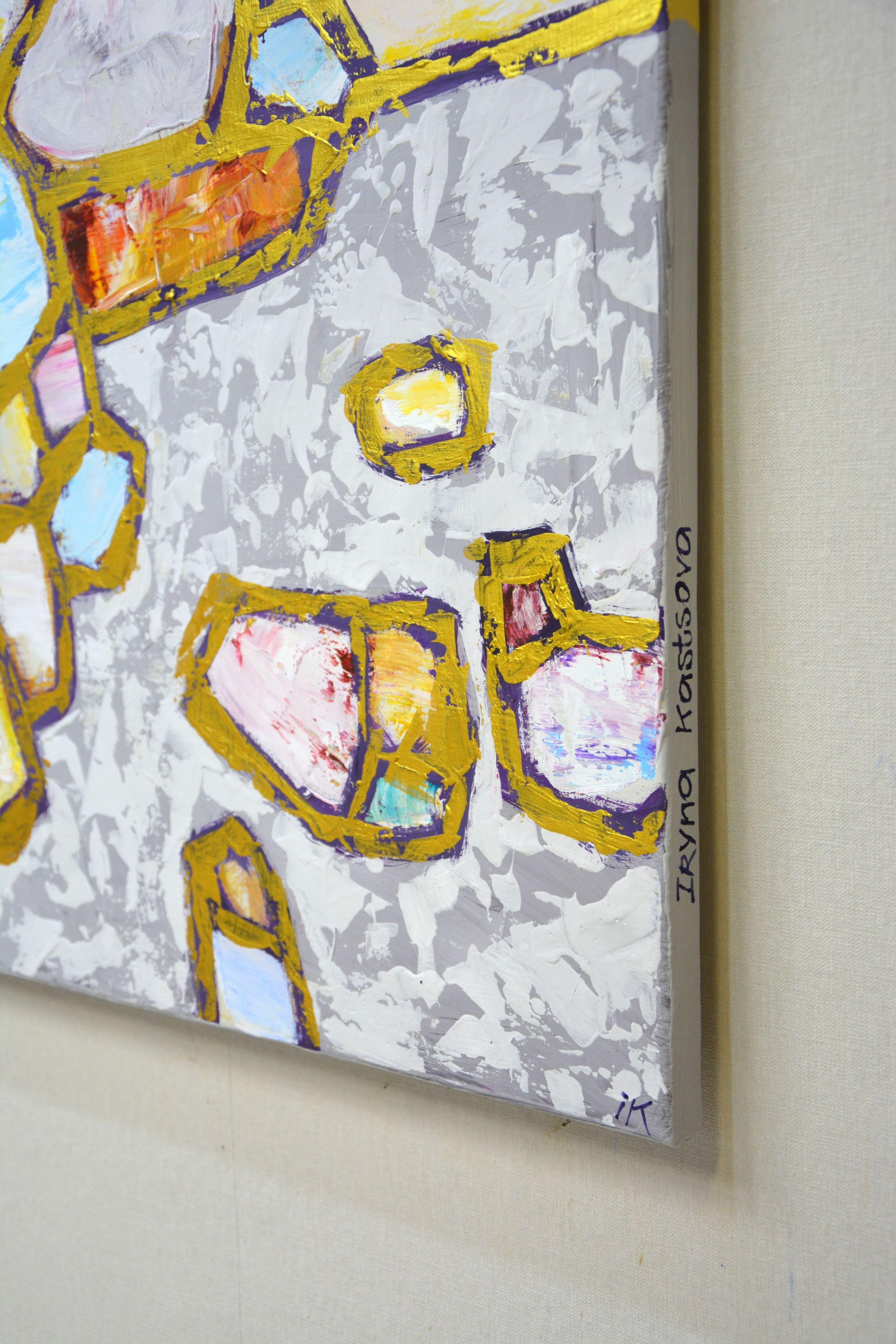 The secret of gold. Abstract dynamic composition, filled with light, filled with air, using gold paint. Curved lines, oval shapes, palette knife texture add expressiveness to the surface. The details balance each other perfectly. Light colors