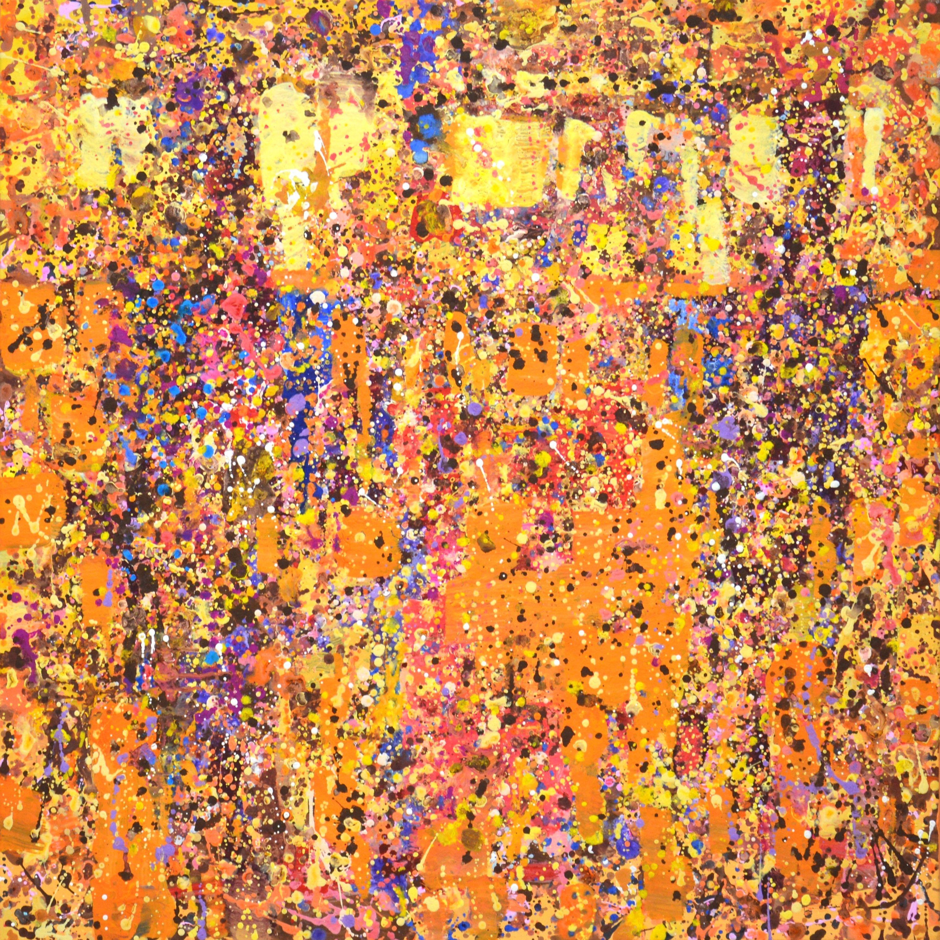 The story of one day. An expressive, modern, abstract painting created by drops and splashes of paint that sparkles and shimmers! The colors are superimposed on each other and also correspond to different points. Many colored drops, yellow, orange,