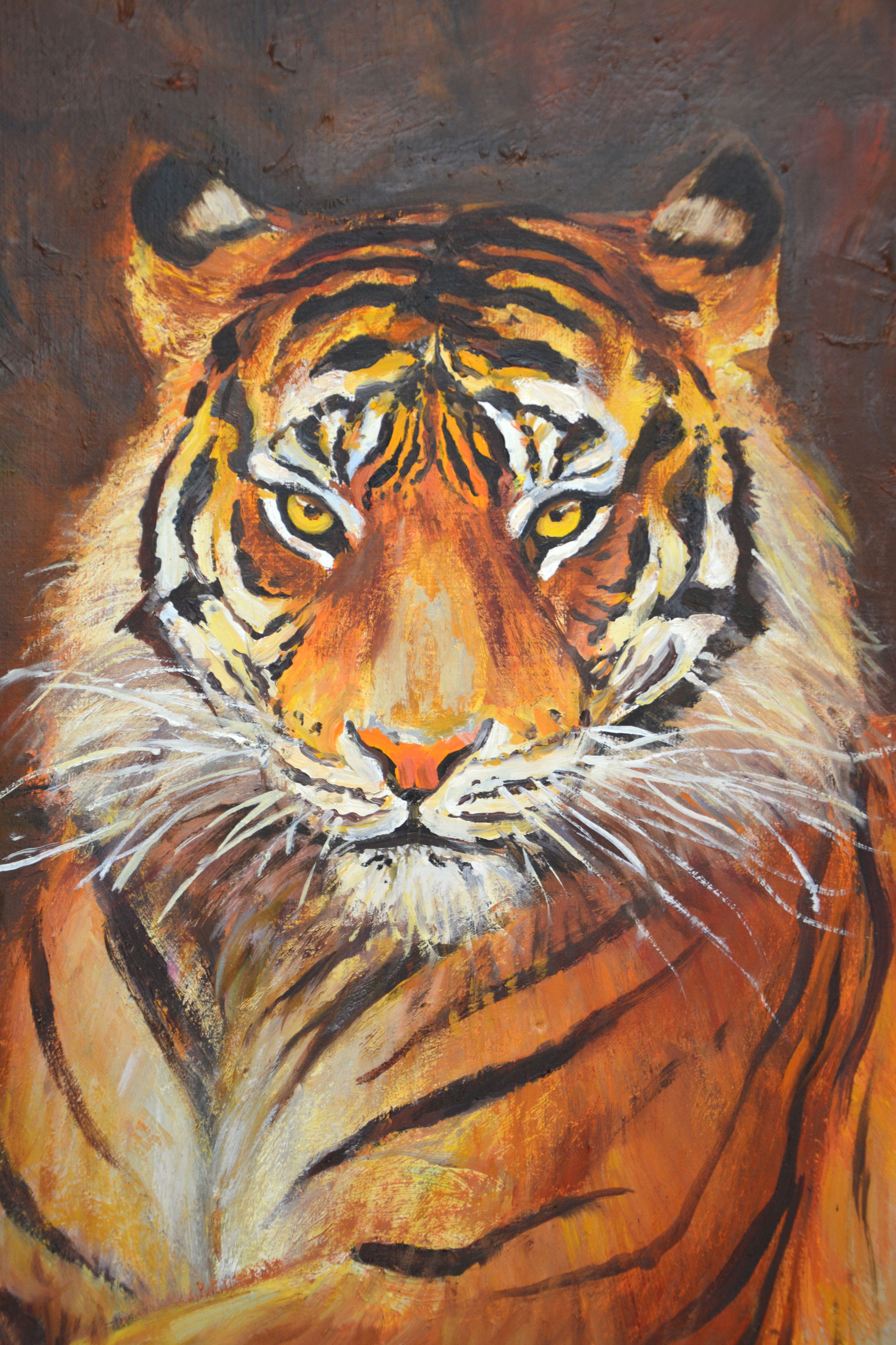 Tiger, predator, hunter, painted in the style of impressionism. Animal on a dark background. Original work, one of a kind. Oil painting on linen canvas, signed by the artist, the sides are painted in the color of the painting, varnished, ready to