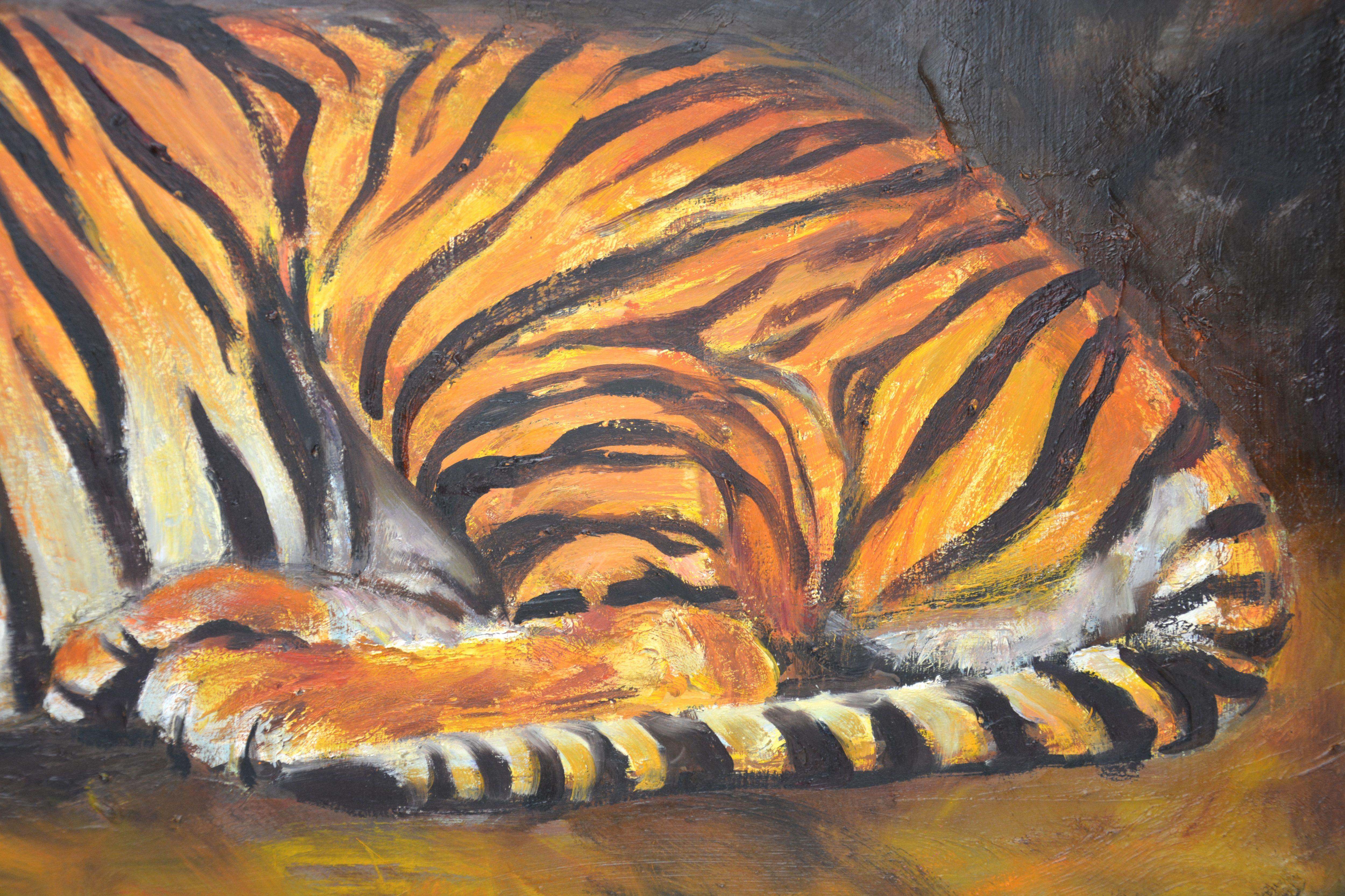Tigre, prédateur, chasseur, peint dans le style impressionniste. Animal sur fond sombre. Œuvre originale, unique en son genre. Peinture à l'huile sur toile de lin, signée par l'artiste, les côtés sont peints dans la couleur du tableau, vernie, prête