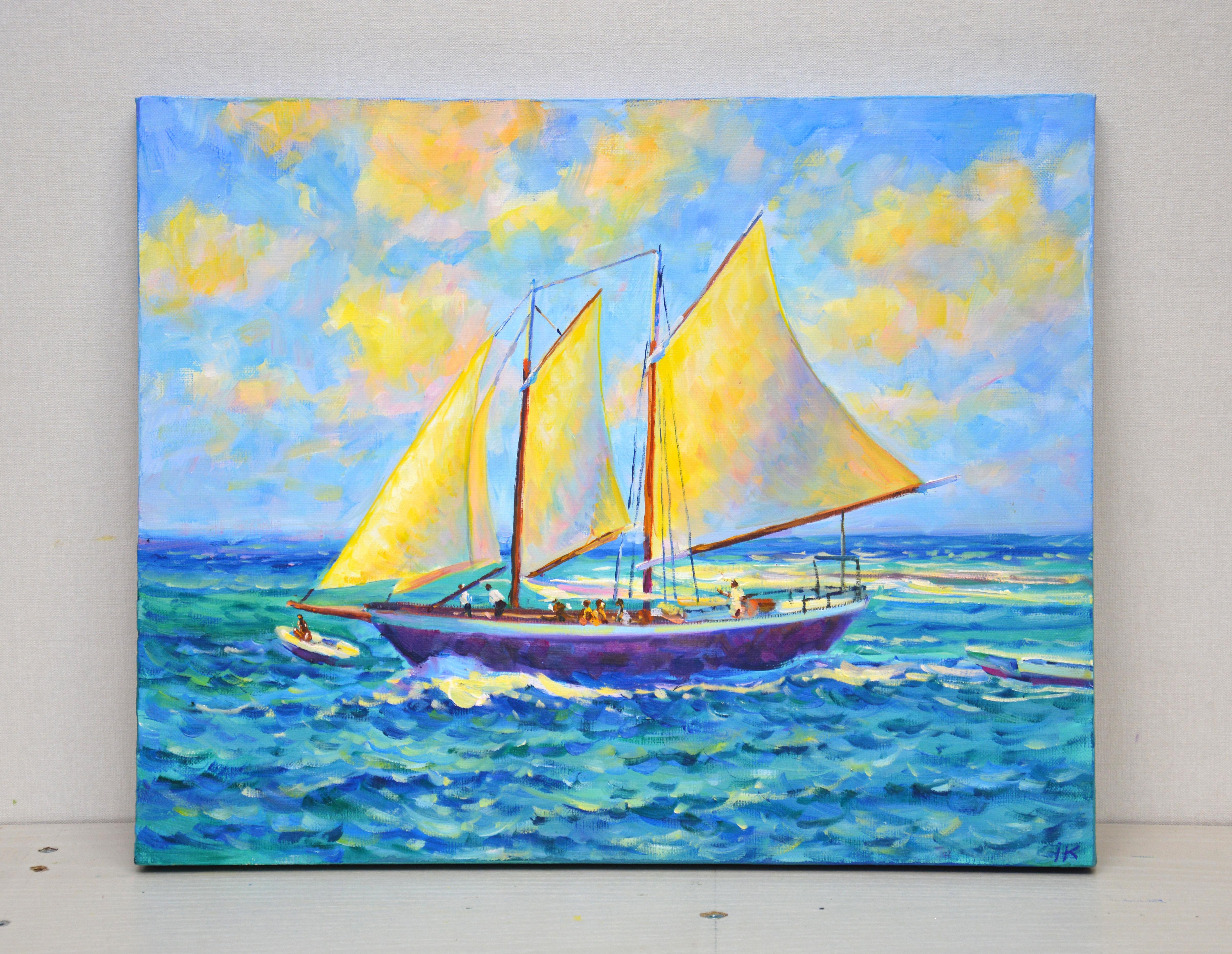 Reisen auf einer Jacht - Nautisches Acrylgemälde (40x50 cm) – Painting von Iryna Kastsova