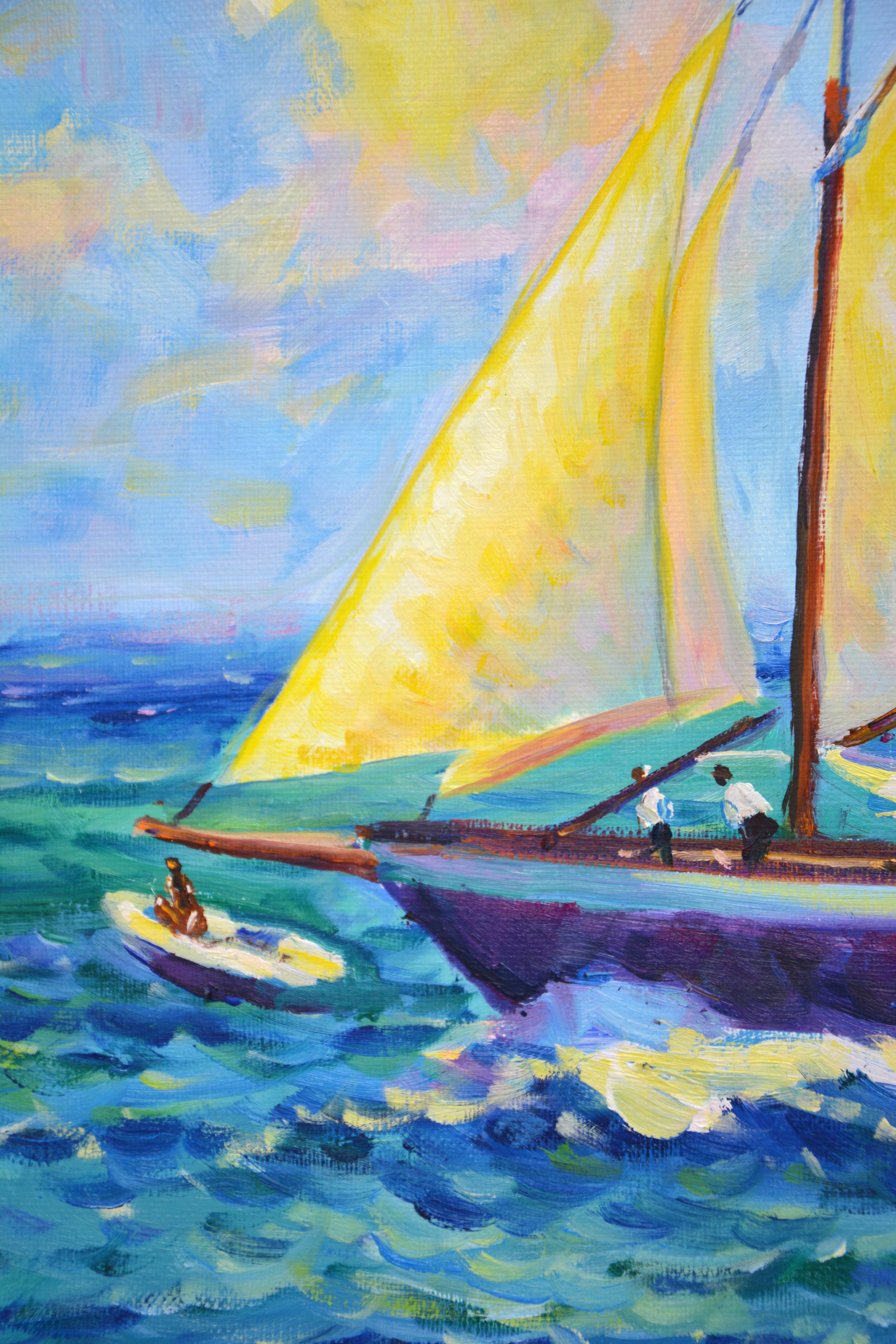 Reisen auf einer Jacht - Nautisches Acrylgemälde (40x50 cm) (Blau), Interior Painting, von Iryna Kastsova