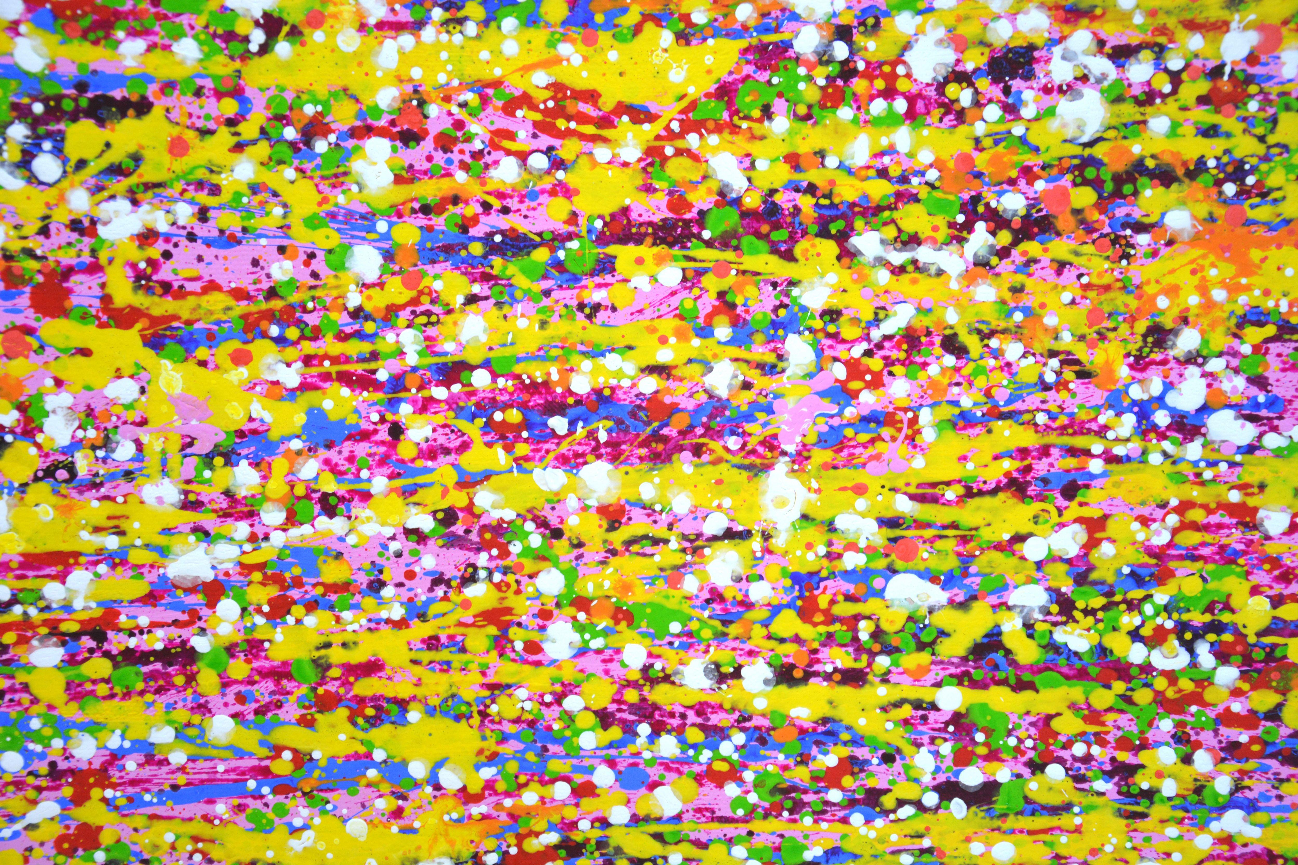 Lebendiger Ausdruck 2. Ein ausdrucksstarkes, modernes, abstraktes Gemälde, das aus Farbtropfen und -spritzern besteht, die glitzern und schimmern! Die Farben überlagern sich und entsprechen auch verschiedenen Punkten. Viele farbige Tropfen, rosa,