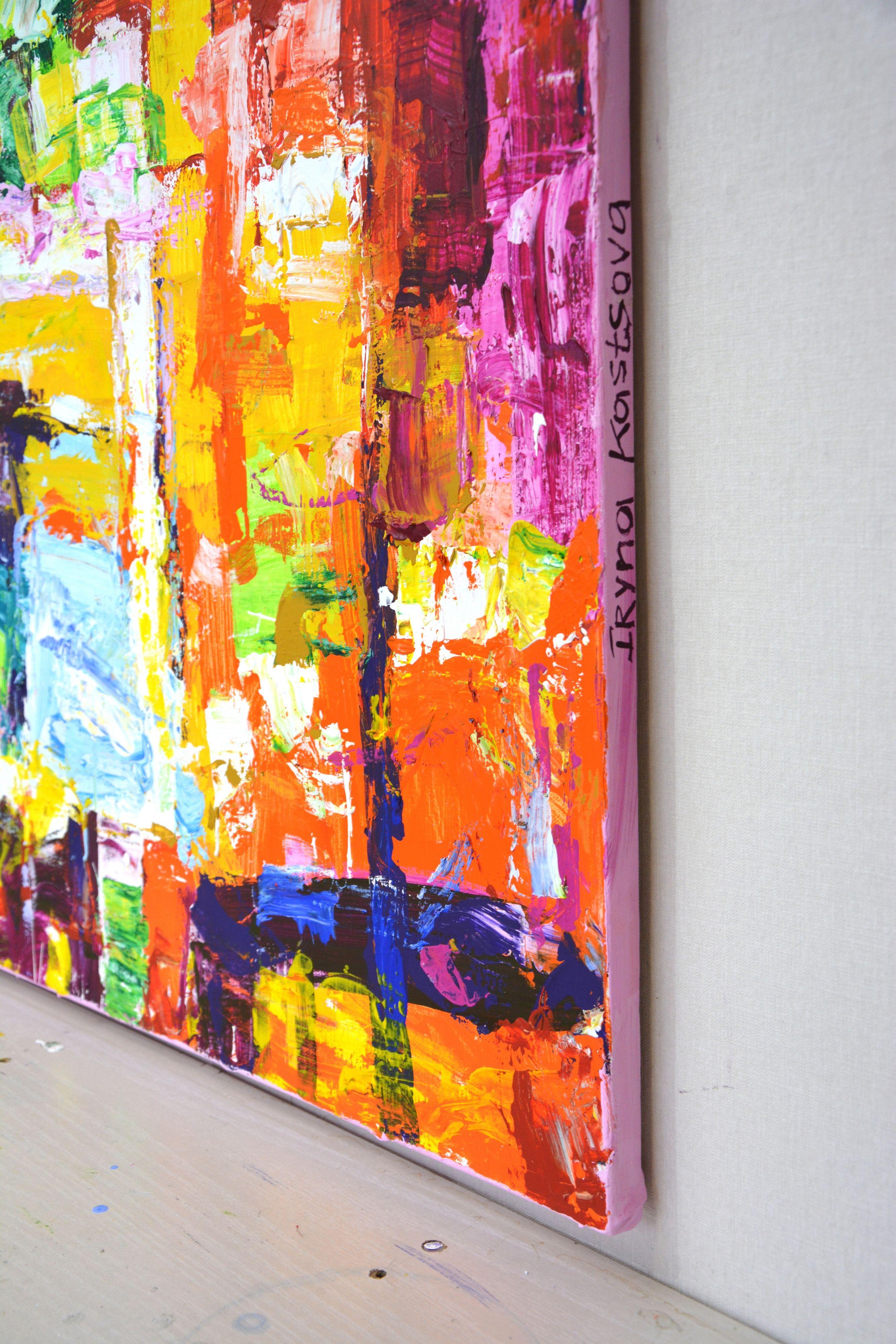 In this canvas, I've unleashed a symphony of colors through the vibrant, raw energy of acrylics. My brushstrokes dance in an abstract, expressionistic rhythm, crafting a fine art piece that invites viewers to find their own emotions amid the chaos.