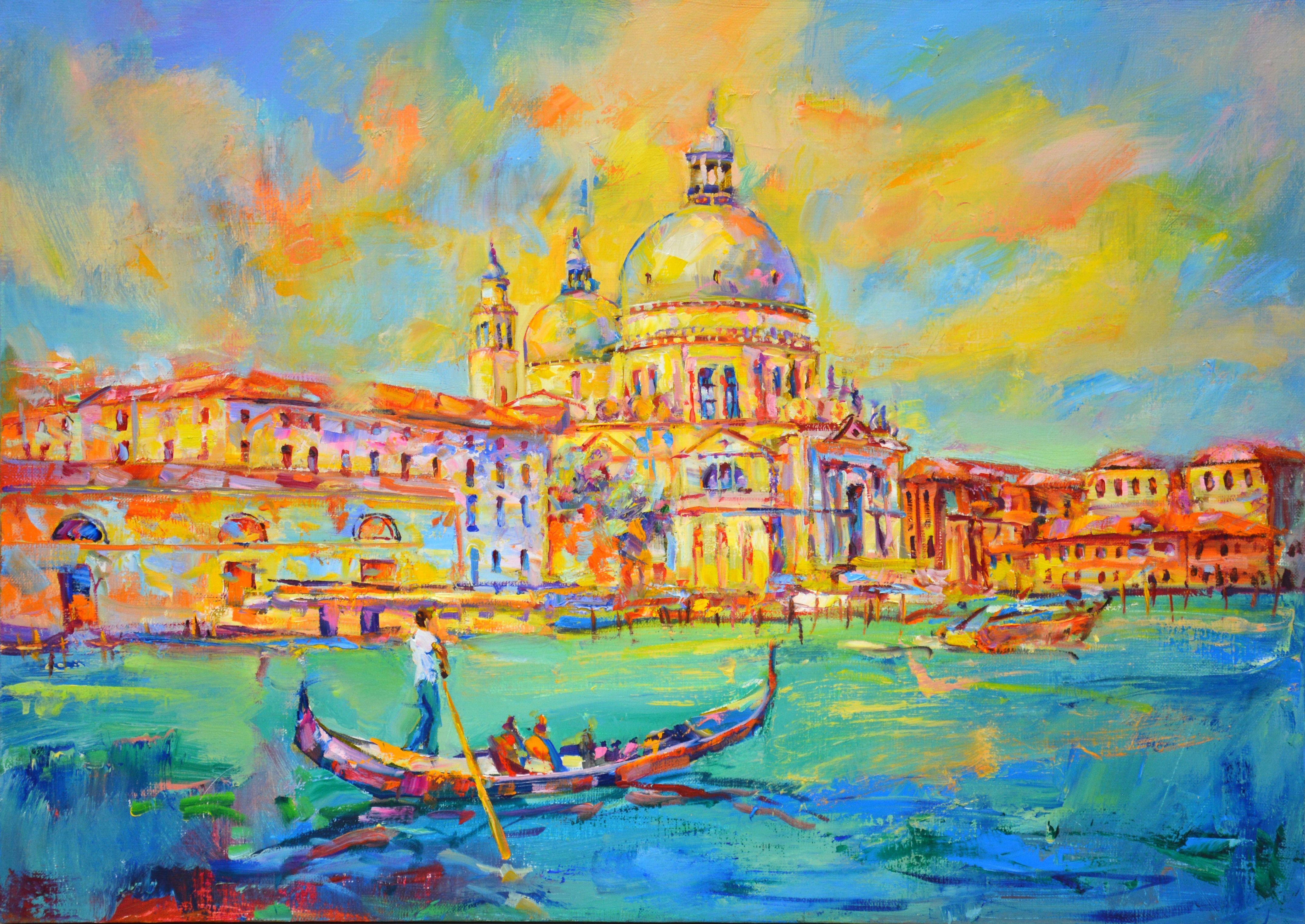 Venetian landscape in the style of expressionism. Cathedral of Santa Maria Della Salute, sea, gandolier. Venice is considered one of the most unusual and beautiful cities in the world. This is a fabulous city on the water, where you can ride a