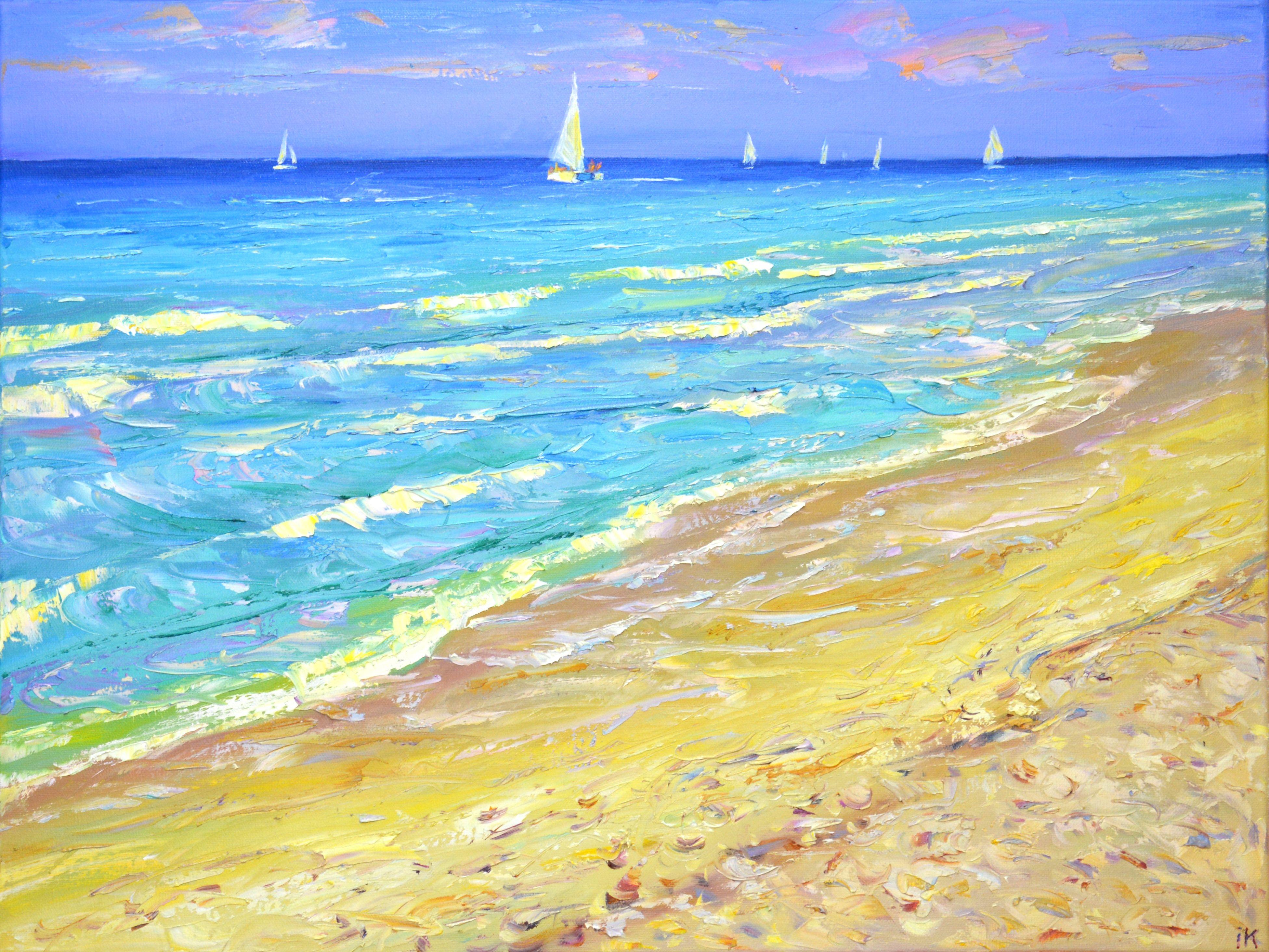 Warm evening at the sea. Sailboats float on the horizon, water, sand, beach, create an atmosphere of relaxation. A rich palette of beach, yellow, white colors will emphasize the energy of the ocean. Impressionism. When traveling, I study a lot of