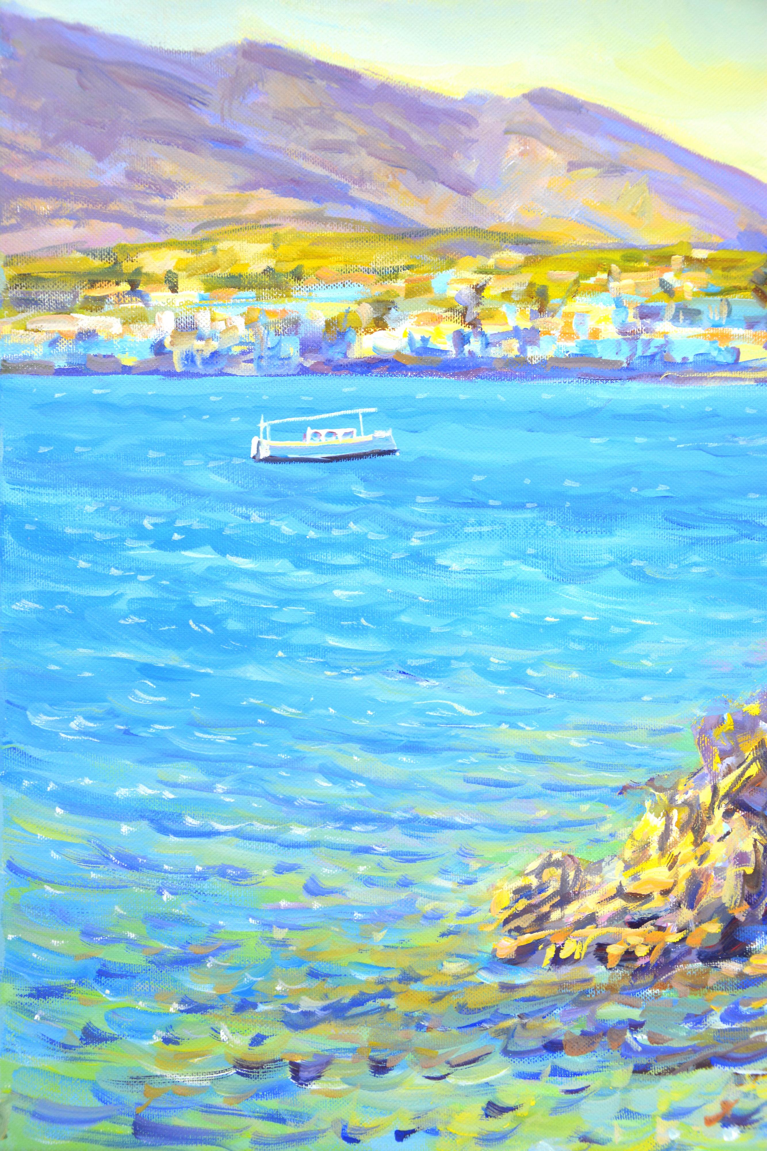 A sunny day at the sea, clear skies, mountains, stones, a beach, an atmosphere of relaxation. Through my art I want to share with others good energy, joy of life and positive. A rich palette of blue, green, yellow and white colors emphasizes the
