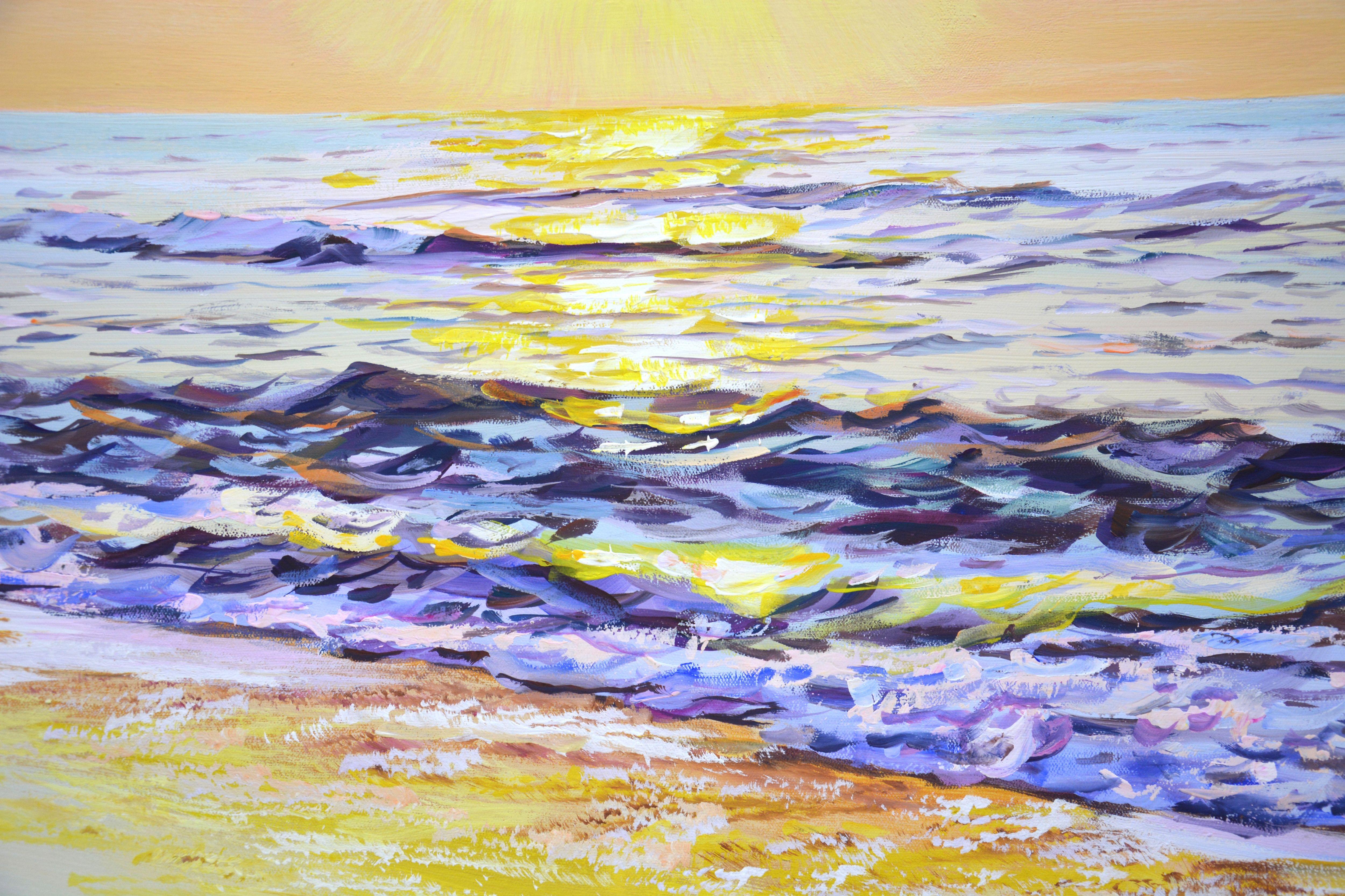 Warme Sonnenuntergang über dem Meer, Gemälde, Acryl auf Leinwand im Angebot 1