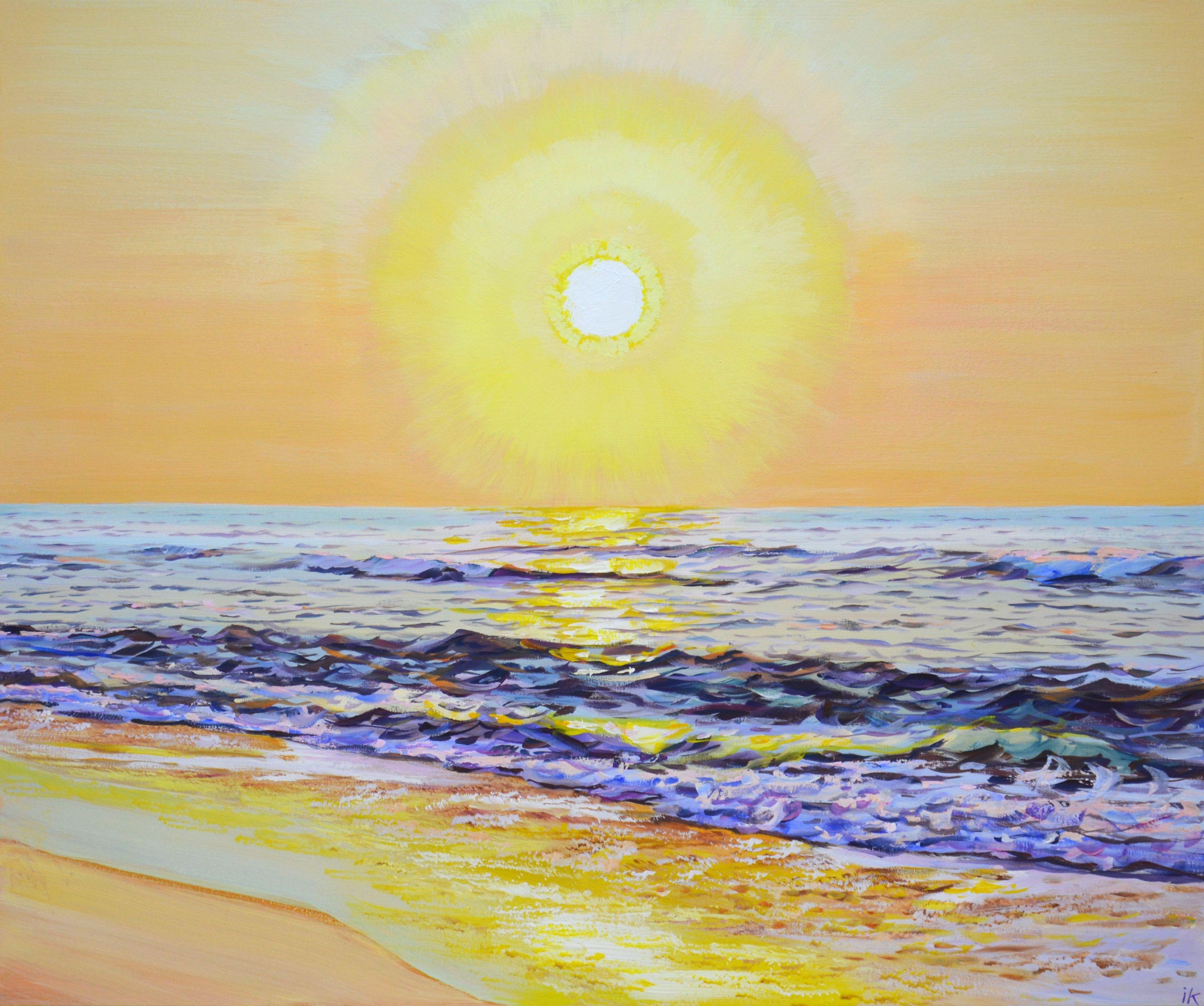 Warm sunset over the ocean. Blue water, sea, ocean, waves, sun glare on the water, clear warm sky, warm sand, beach create an atmosphere of relaxation and romance. Light flickers on the surface of the water, creating a serene look. Made in the style