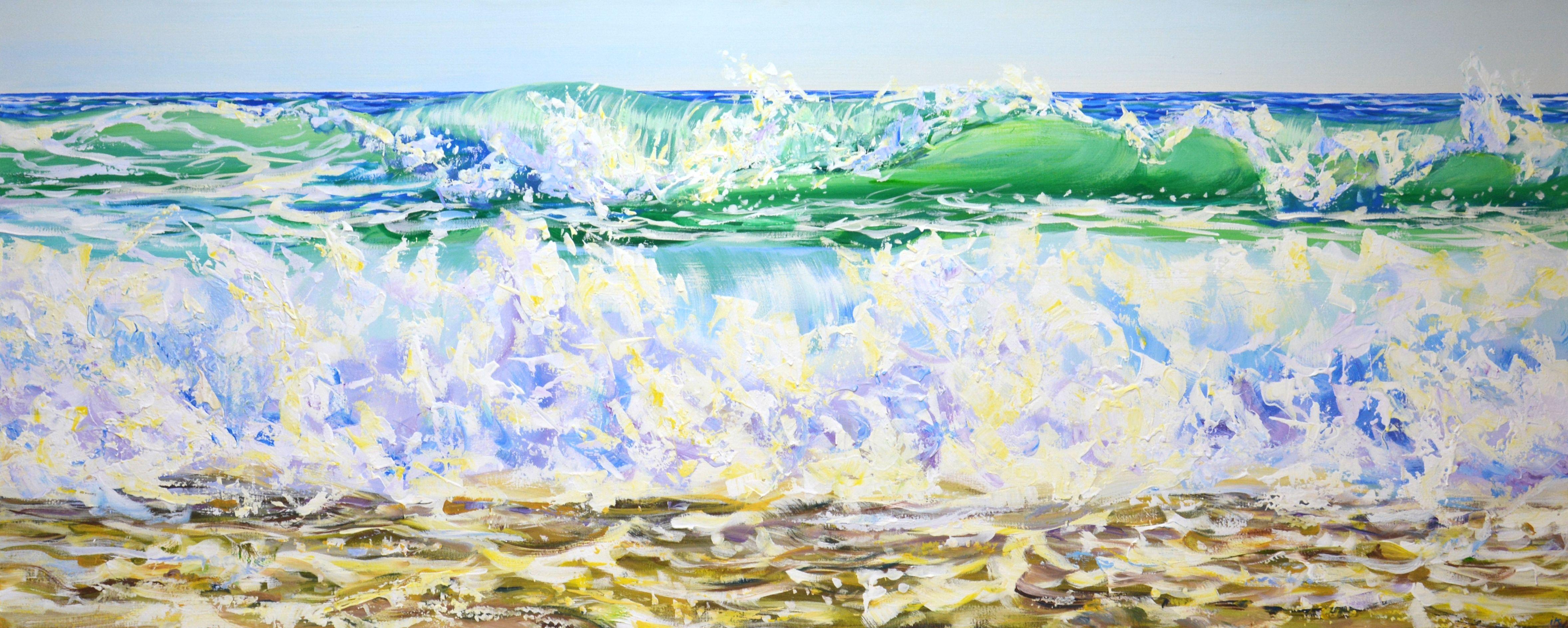 Waves of the ocean 3. The work is written with inspiration, positively. Nature: seascape, clear sky over the ocean, light reflected by oncoming waves, sun glare on the water, sea foam, relaxation atmosphere. A rich palette of blue, green, white