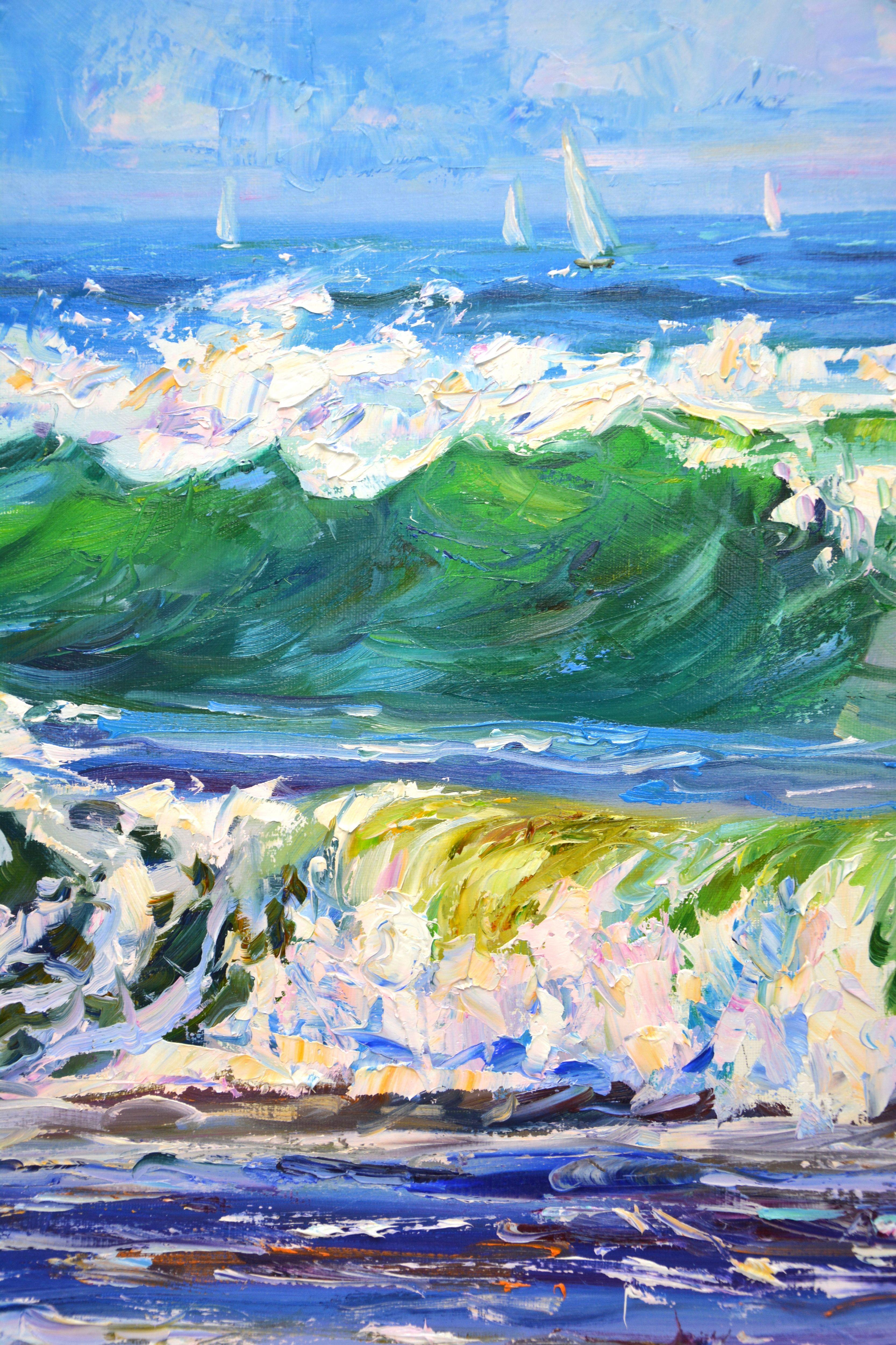 Waves, ocean. Sailboats. Sea foam. Impressionism: a palette of knives and a blue, green, white palette highlight the energy of the ocean. Part of a permanent series of seascapes. The picture is of good quality, the colors make children happy. Oil