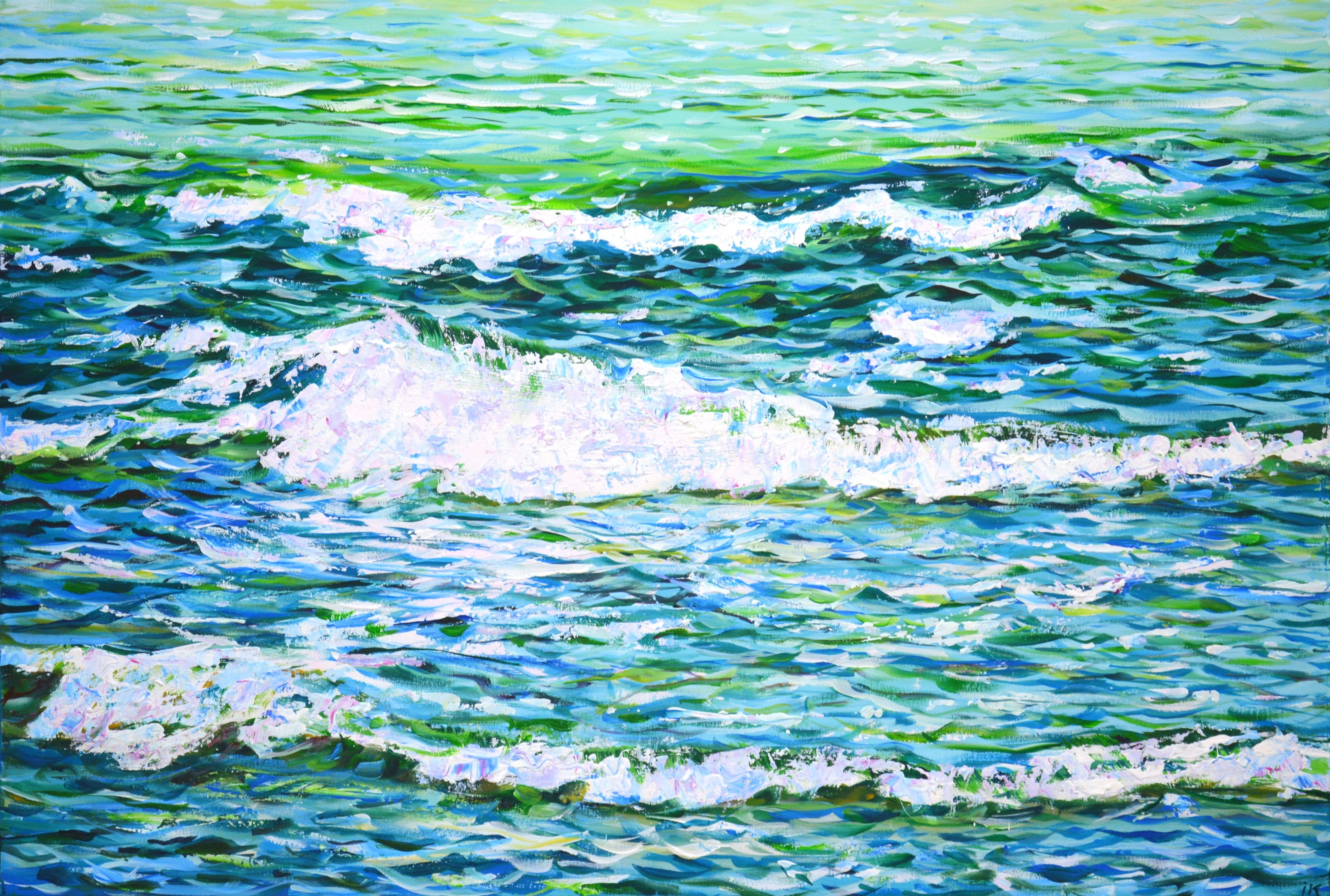 Waves. Waves. The ocean breathes with free wind, and beyond it - amazing countries. Like eternity, the ocean is huge and the wave is calm. A rich palette of turquoise, blue, white shades emphasize the warm glow of the sun and the movement of water.