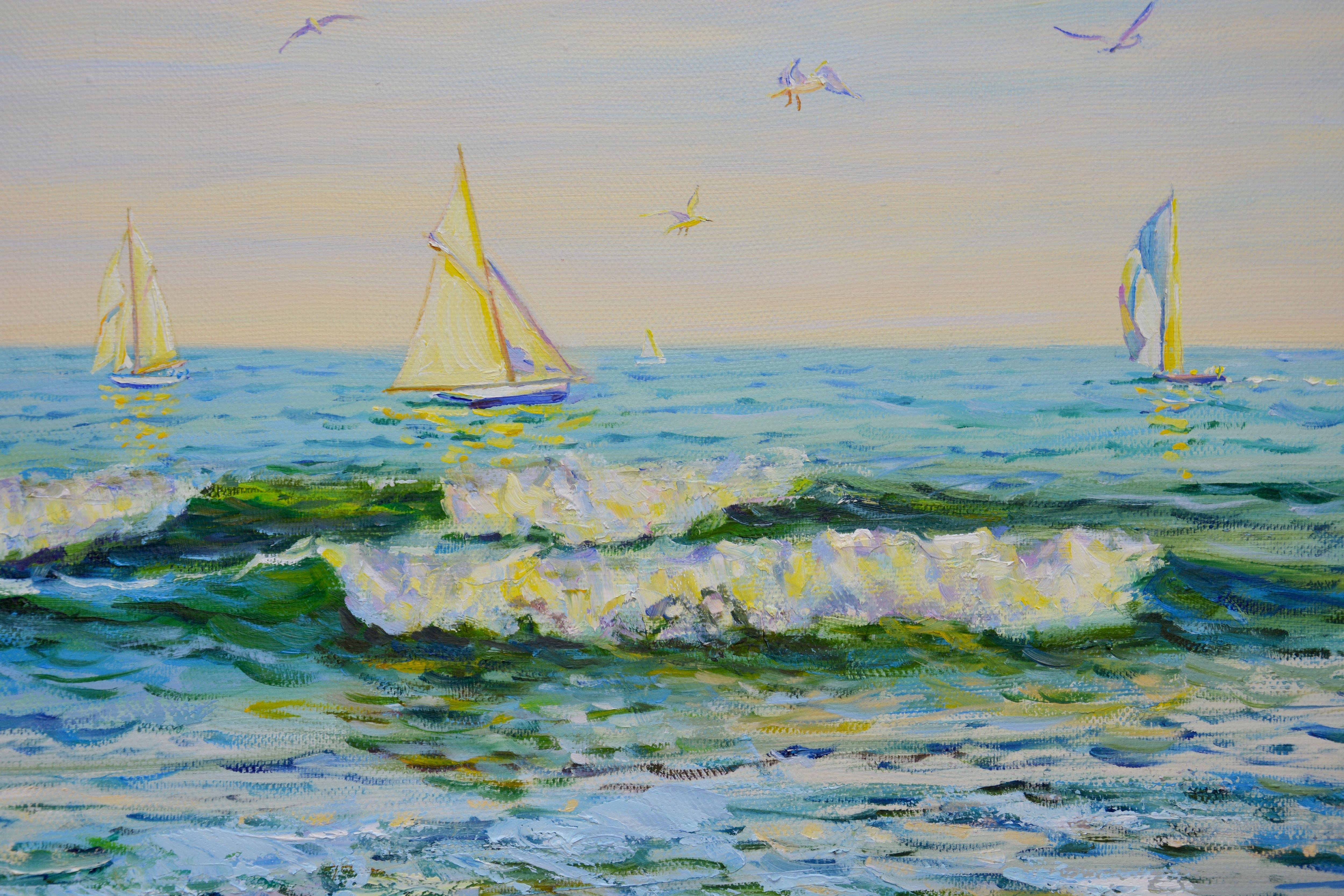 Il quadro è stato dipinto con un pennello e una spatola. La riflessione enfatizza i riflessi dei velieri sull'acqua. Scena impressionista con una giornata di regata e gabbiani. La luce dorata si riflette sulla tela di una vela e sulle nuvole