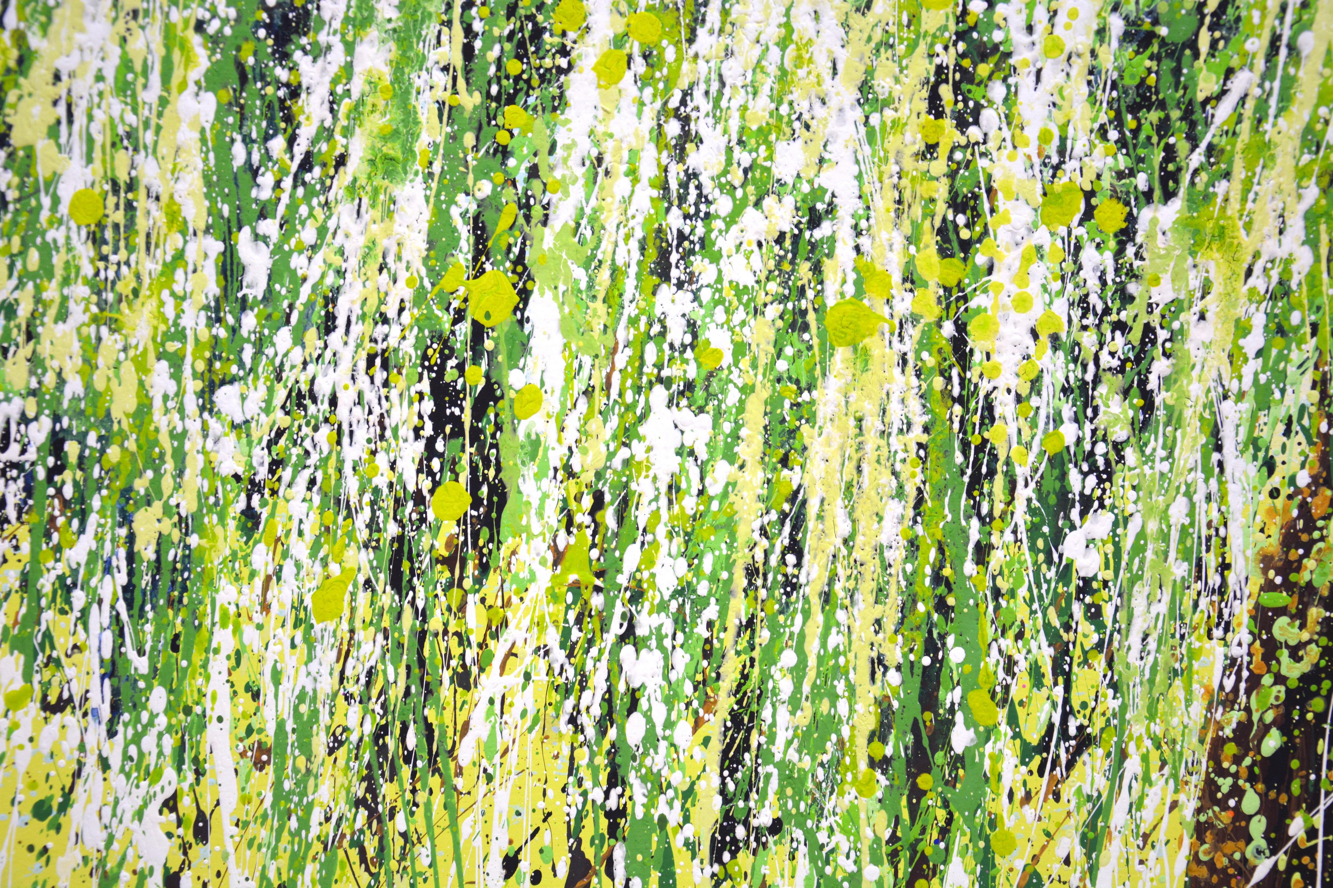 Weide. Die Schönheit der Natur, der Weidenbaum, inspirierte dieses Kunstwerk. Es handelt sich um ein Acrylgemälde auf Leinwand im expressionistischen und abstrakten Stil. Dünne und dichte, bunte Spritzer von Hellgrün und Frühlingsblumen wurden mit